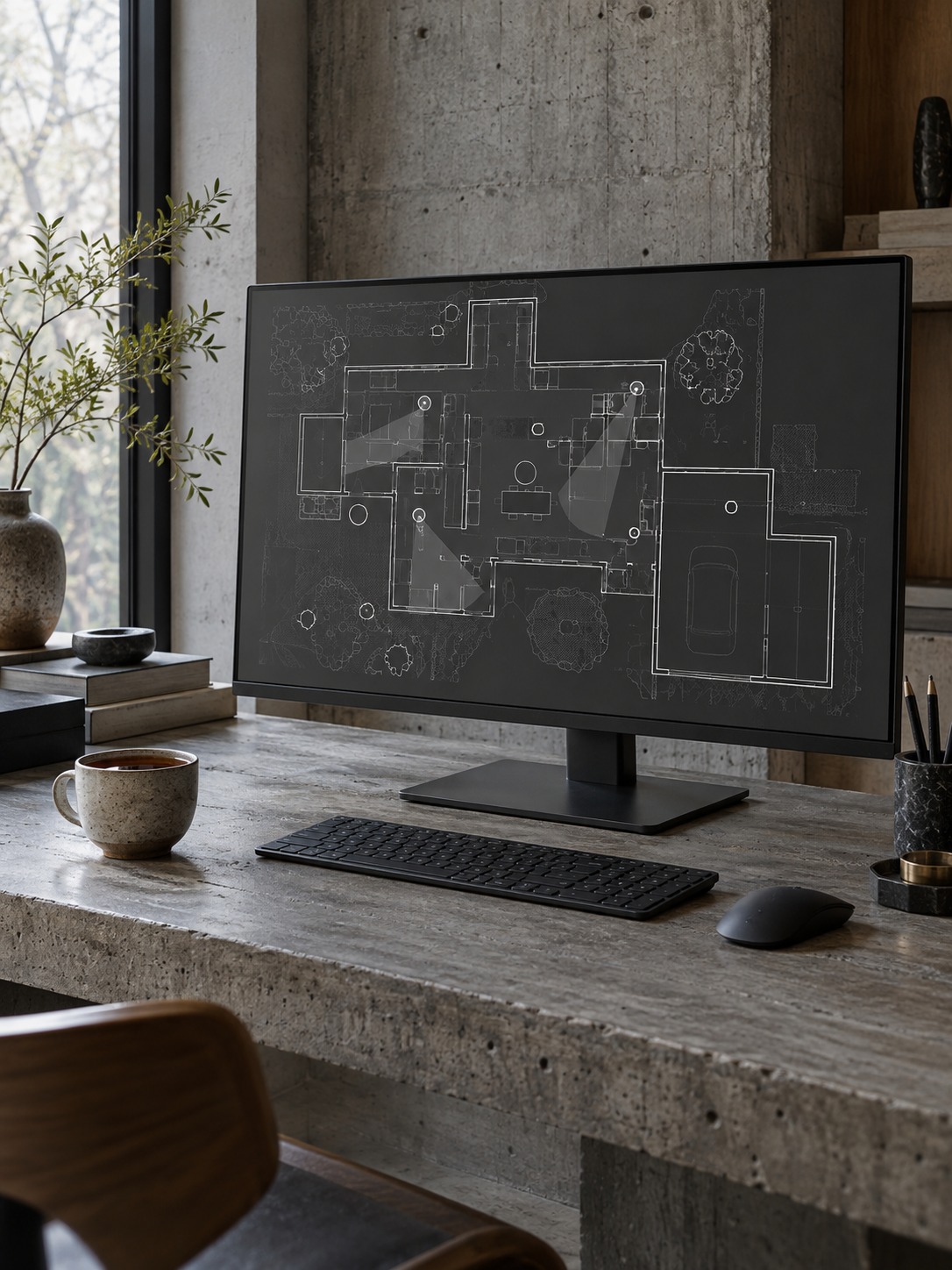 Slim monitor displaying an abstract tactical floor plan on a concrete desk