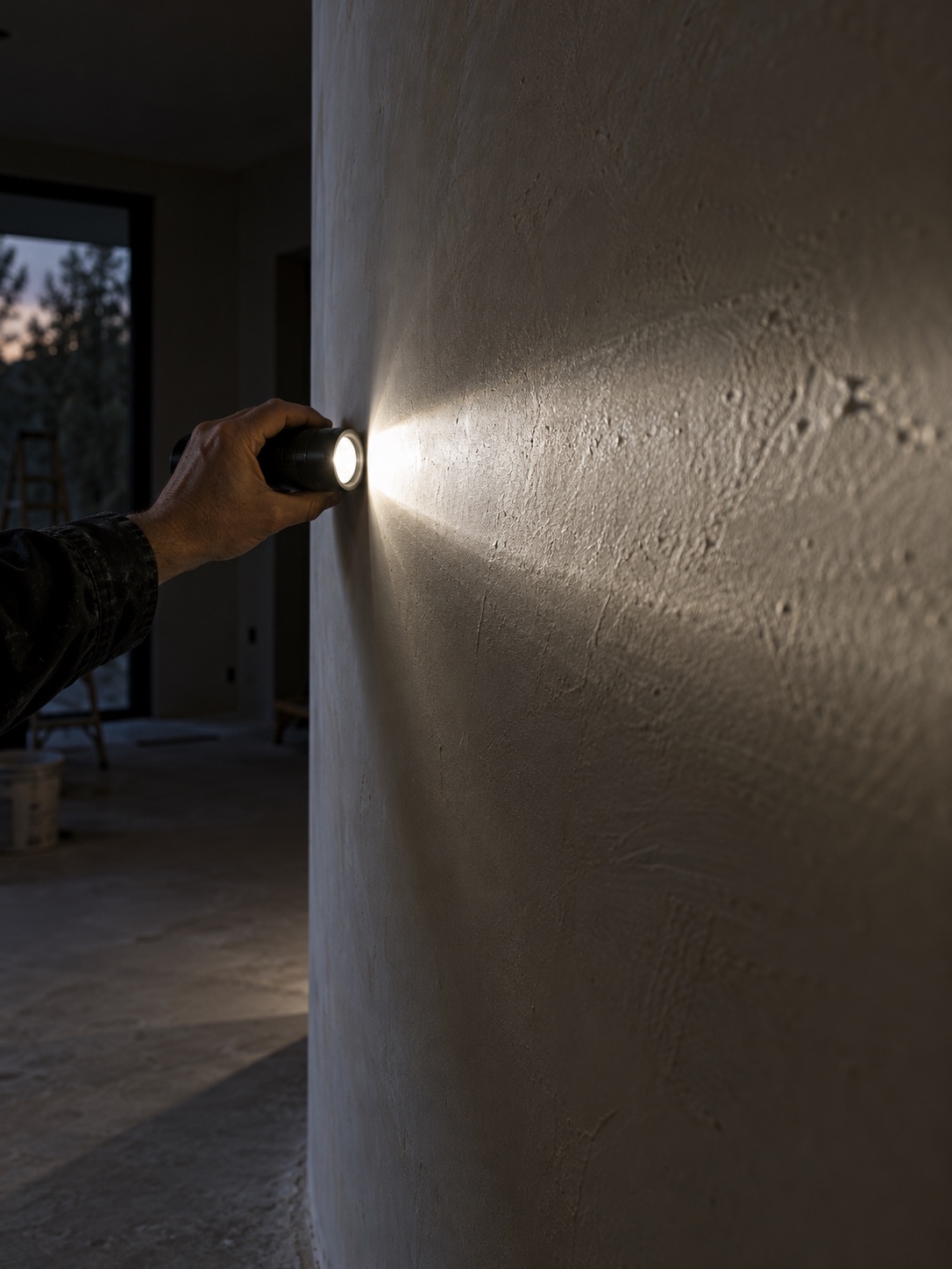 Raking light curved wall check Person holding a flashlight against a textured concrete wall in a dim unfinished room during construction. | Sky Rye Design Hand holding a flashlight against a curved wall to check the finish