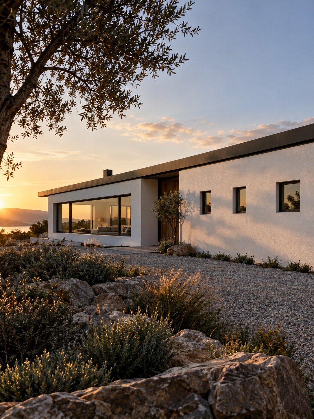 Ranch house mixed window sizes= Low modern house with a long living-room window and smaller bedroom casements