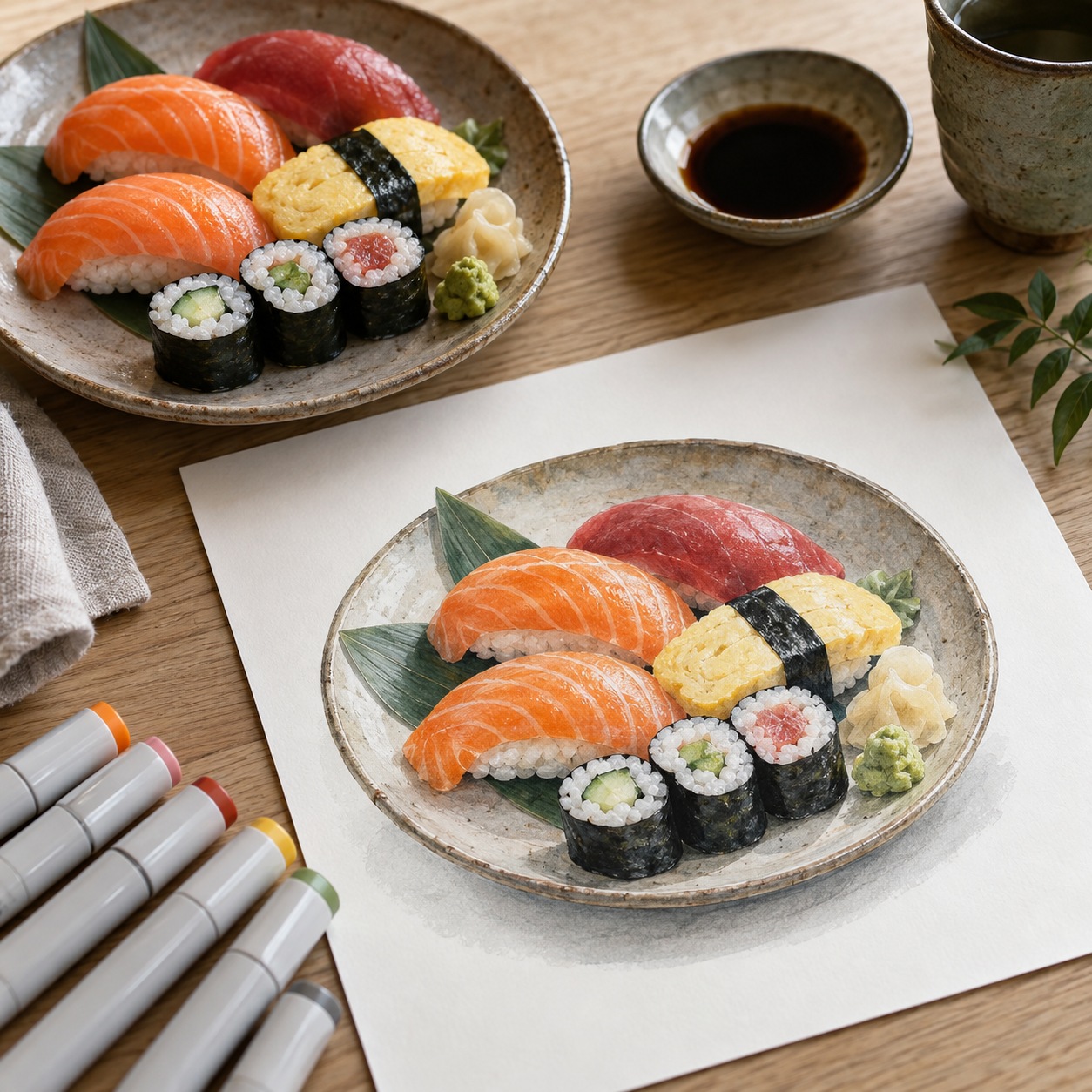 Finished marker illustration of salmon, tuna, tamago and maki beside the real reference plate