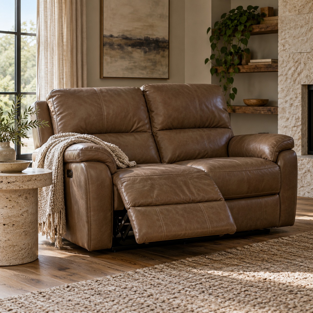 Warm brown reclining leather loveseat with a knit throw and travertine side table
