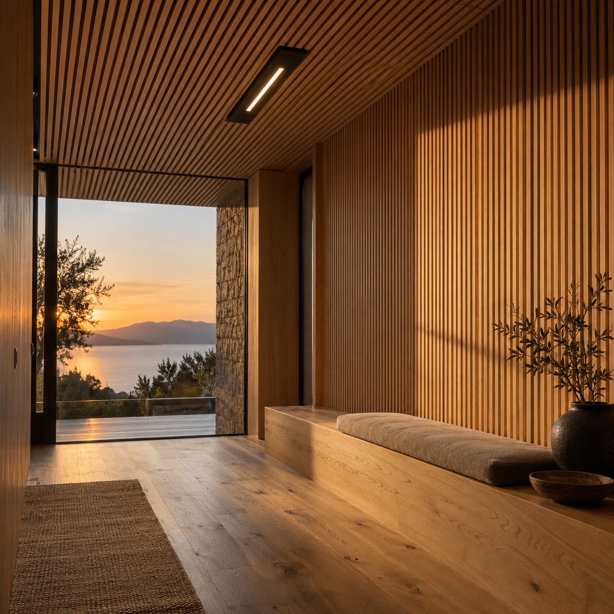 Rectangular black flush mount aligned with oak slats A satin black rectangular ceiling light follows the direction of warm oak slats. | Sky Rye Design A satin black rectangular ceiling light follows the direction of warm oak slats.