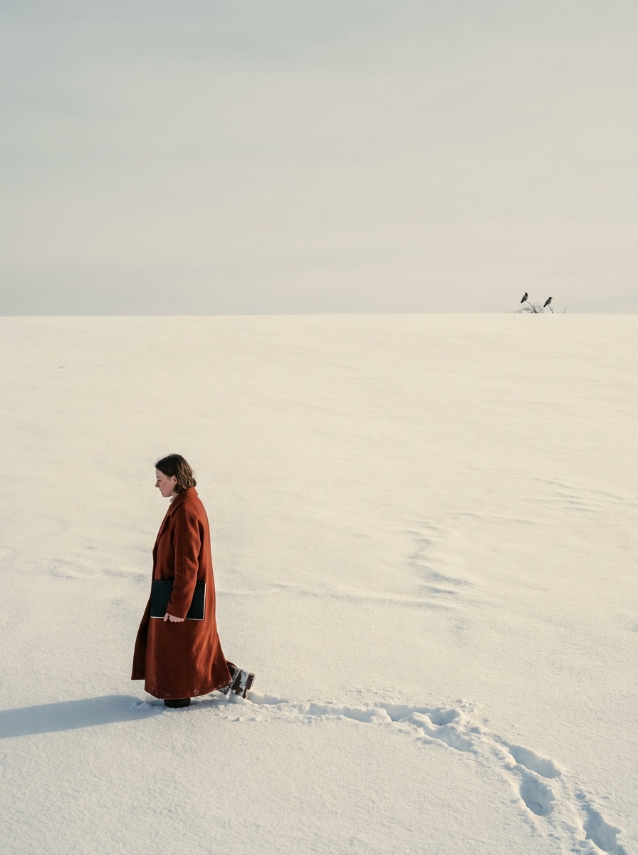 Homer-inspired red subject on a snow plane Figure in a rust-red coat crossing a broad snowfield, showing focal contrast on a quiet white plane | Sky Rye Design Figure in a rust-red coat crossing a broad snowfield, showing focal contrast on a quiet white plane