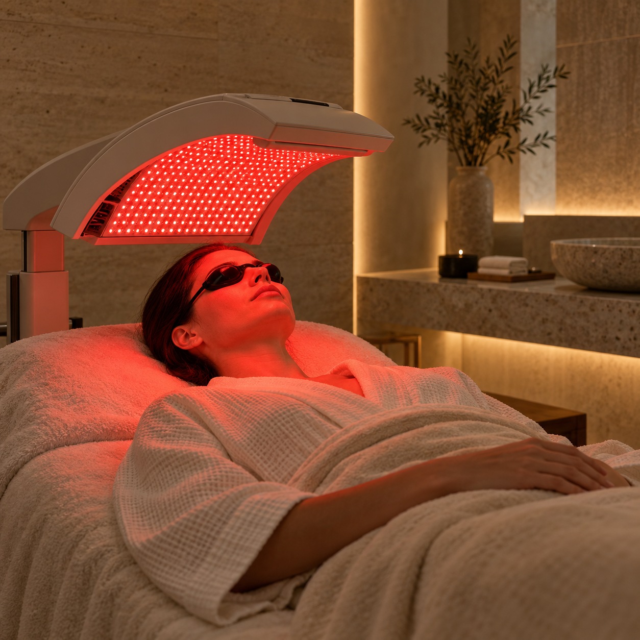 Red LED light therapy spa session Client wearing protective eyewear during a red LED light therapy session | Sky Rye Design Client wearing protective eyewear during a red LED light therapy session
