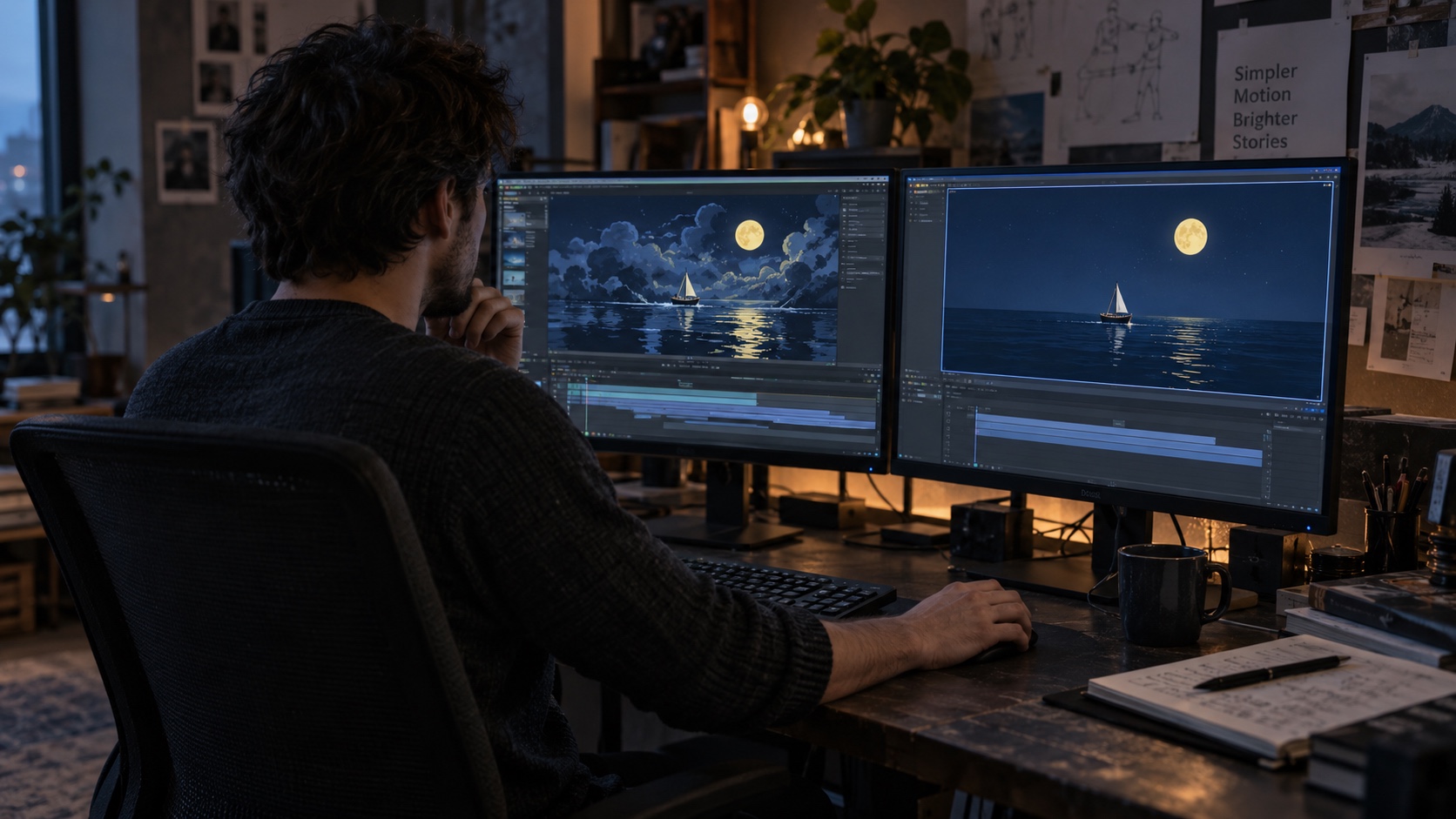 Reducing style drift in animation Designer comparing a busy animated boat scene with a simpler fixed-background version | Sky Rye Design Designer comparing a busy animated boat scene with a simpler fixed-background version