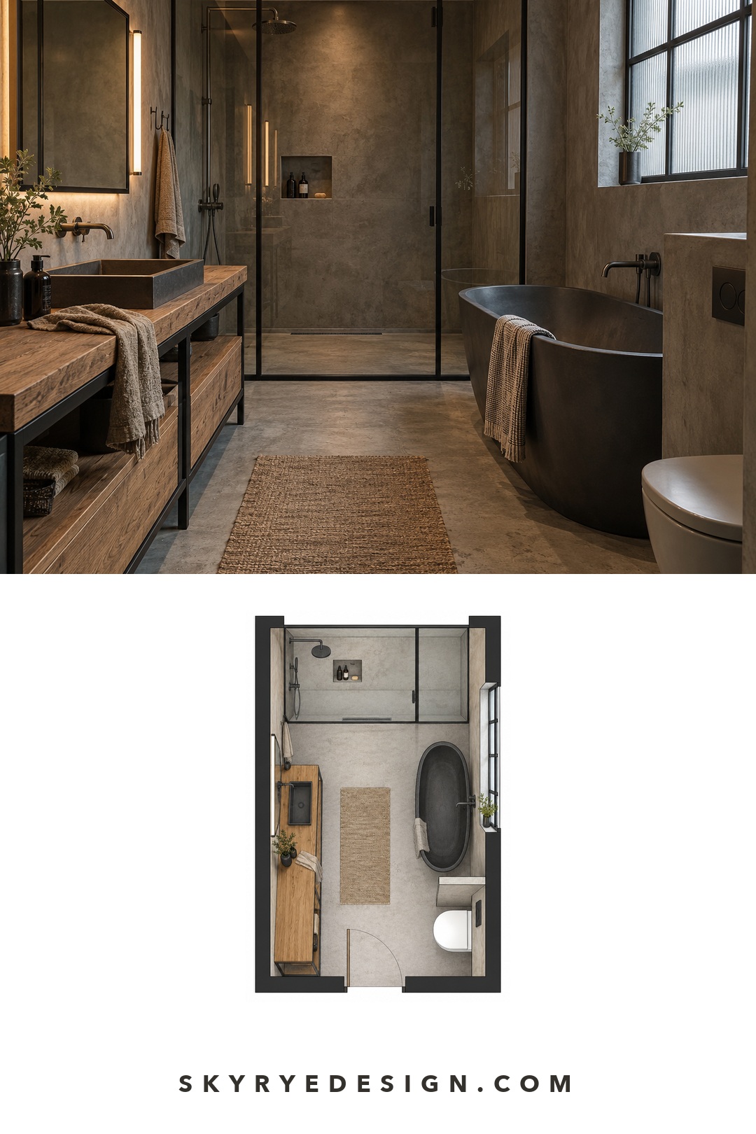 Refined Industrial Bathroom Interior Plan Refined industrial bathroom photograph paired with a top-down floor plan showing the oak vanity, dark tub, shower, toilet, and entry | Sky Rye Design Refined industrial bathroom photograph paired with a top-down floor plan showing the oak vanity, dark tub, shower, toilet, and entry