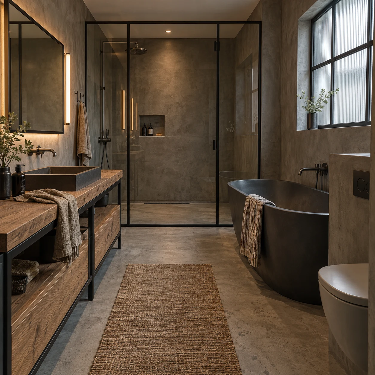 Refined Industrial Bathroom Interior Refined industrial bathroom with oak and steel vanity, dark tub, concrete floor, and framed glass shower | Sky Rye Design Refined industrial bathroom with oak and steel vanity, dark tub, concrete floor, and framed glass shower
