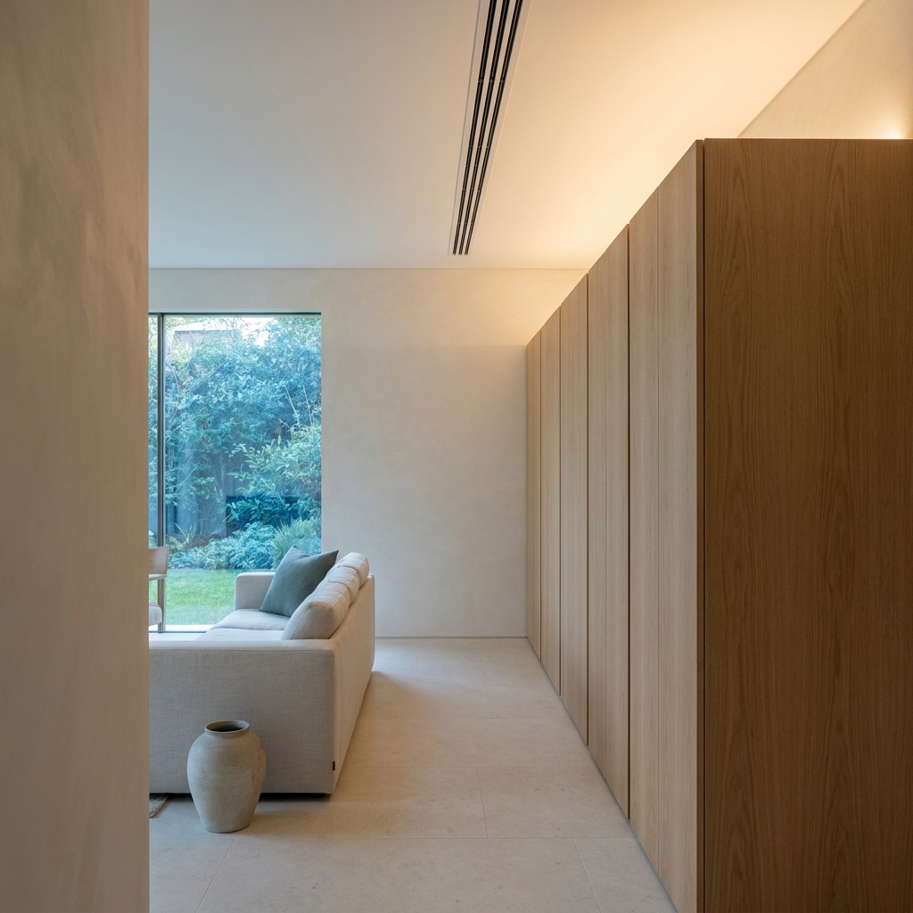 Design Intent Built as Drawn Completed minimal living space with flush oak joinery, a shadow-gap ceiling, softly washed plaster walls and discreet linear vents | Sky Rye Design Completed minimal living space with flush oak joinery, a shadow-gap ceiling, softly washed plaster walls and discreet linear vents