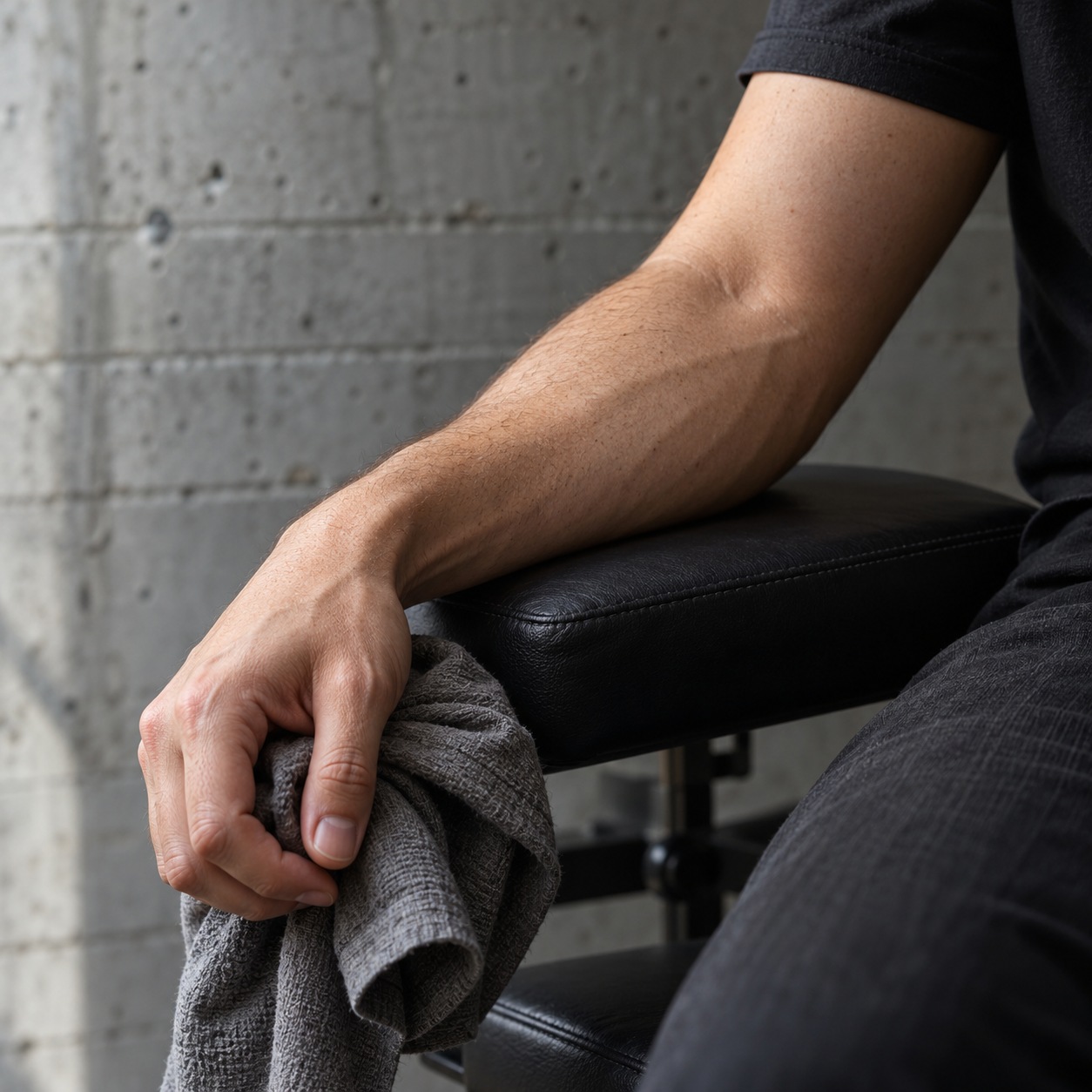 Relaxed forearm on a padded armrest with a hand holding a grey cloth