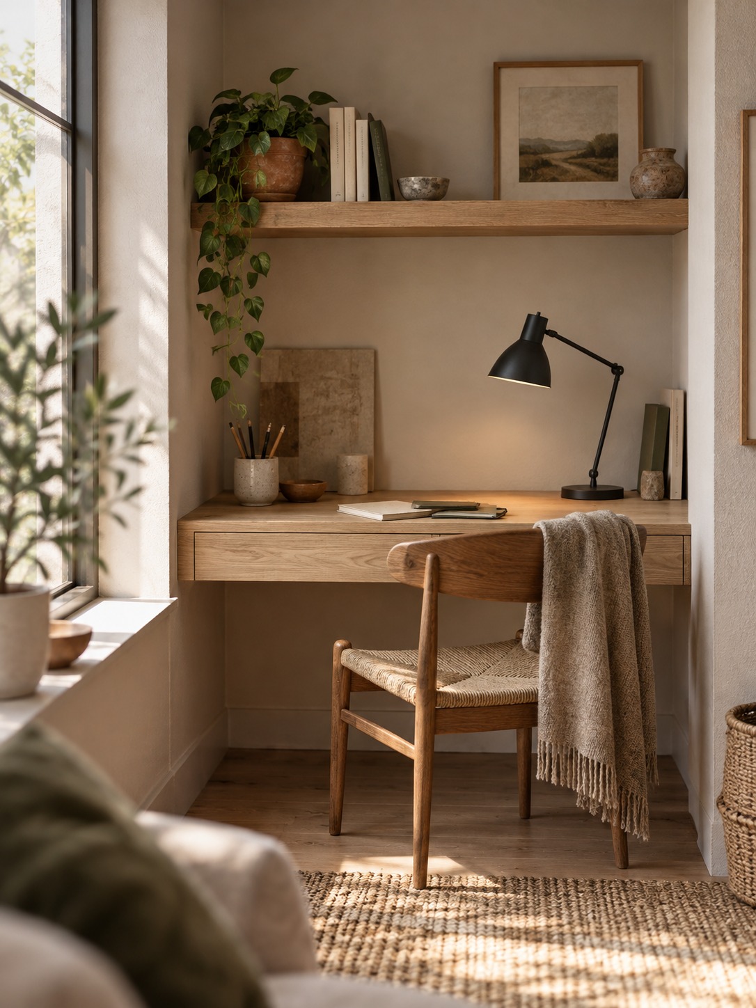 Alcove home office Pale oak desk and task lamp in a home office alcove | Sky Rye Design Pale oak desk and task lamp in a home office alcove