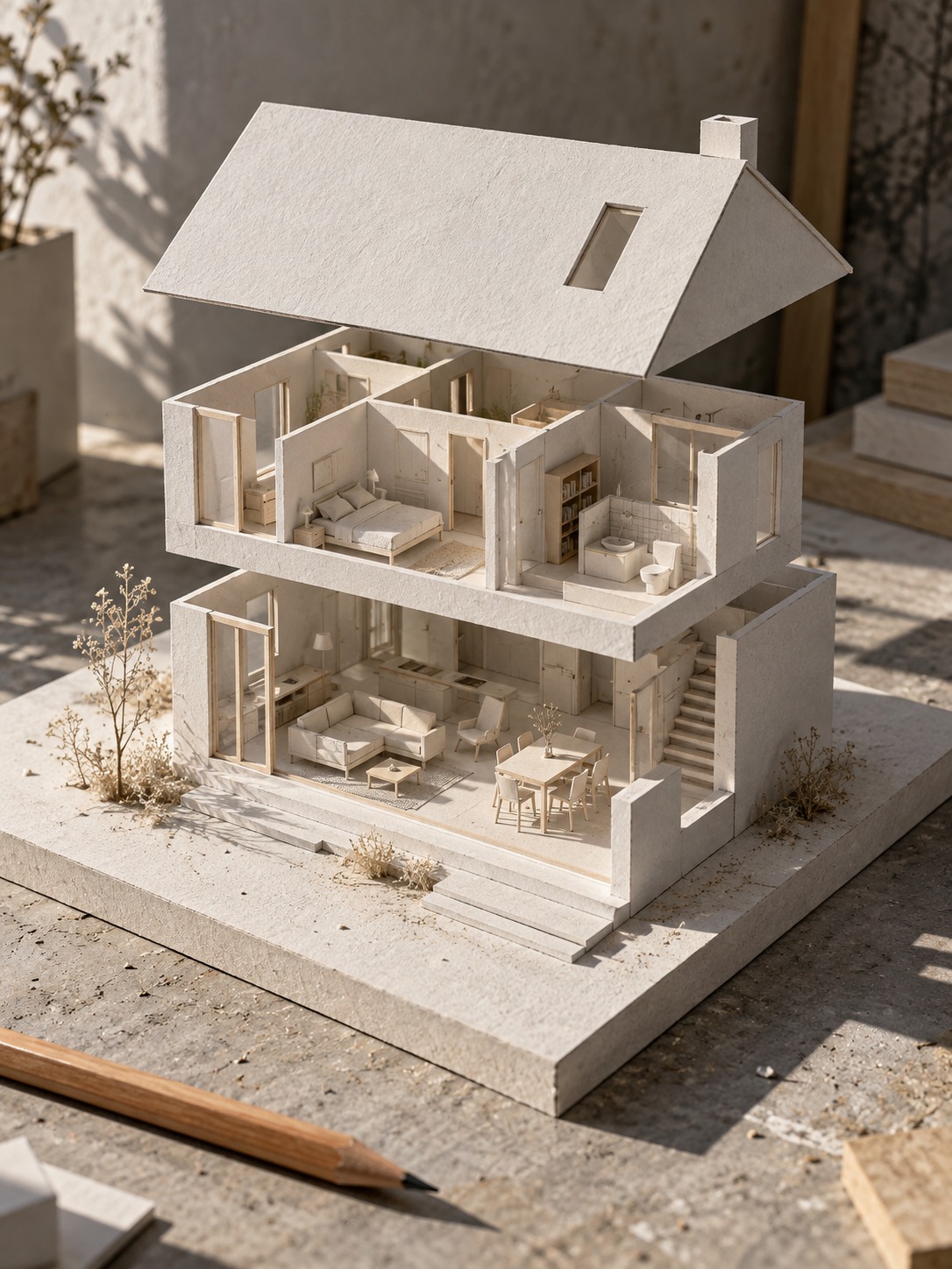 Architectural model White card architectural model with exposed furnished rooms | Sky Rye Design White card architectural model with exposed furnished rooms