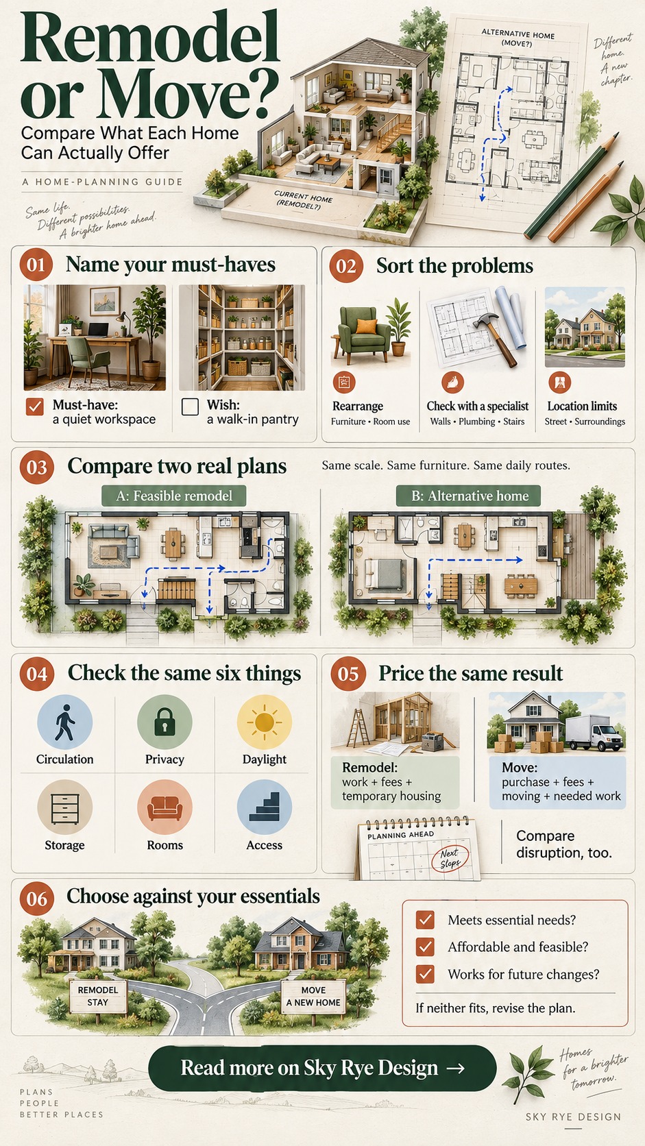 Remodel or Move Decision Guide Infographic comparing remodeling and moving through must-haves, layout feasibility, floor plans, costs and future needs | Sky Rye Design Infographic comparing remodeling and moving through must-haves, layout feasibility, floor plans, costs and future needs