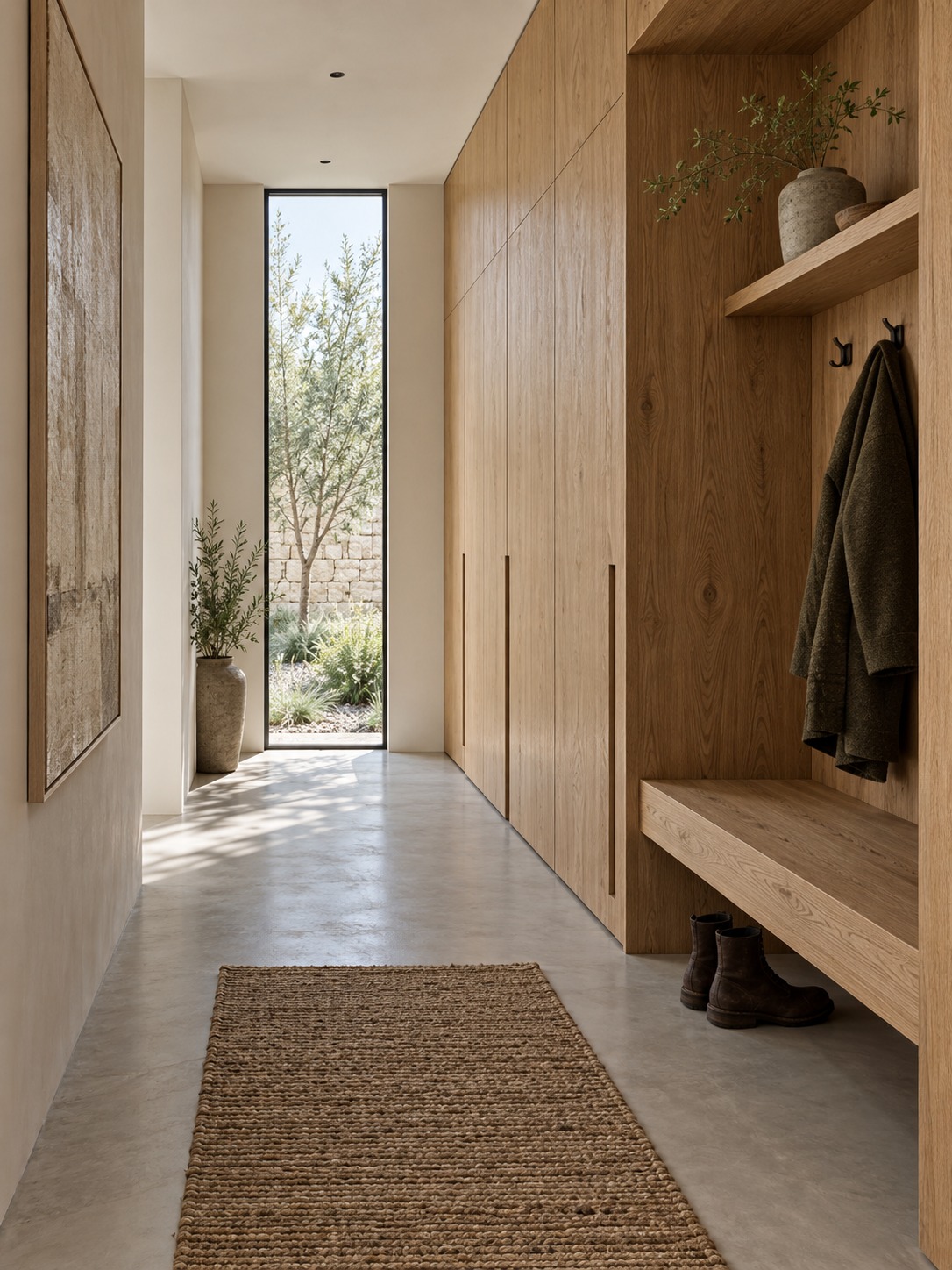 Entry storage Oak entry storage wall with a bench, boots and coat | Sky Rye Design Oak entry storage wall with a bench, boots and coat