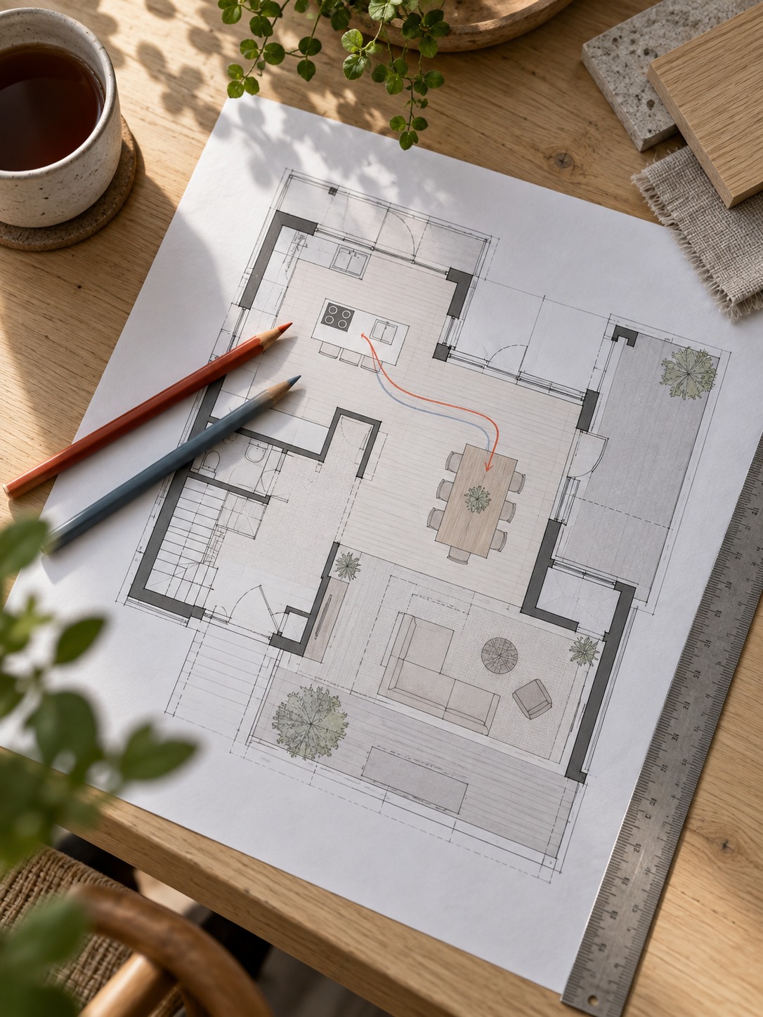 Floor plan desk Floor plan and colored pencils on a pale oak desk | Sky Rye Design Floor plan and colored pencils on a pale oak desk