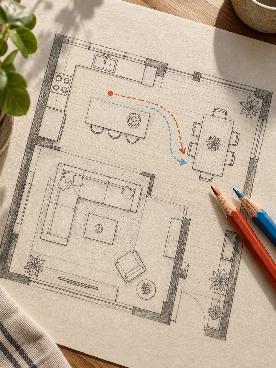Remodel or move floor plan comparison Sketched floor plan with colored pencils marking a kitchen-to-dining route | Sky Rye Design Sketched floor plan with colored pencils marking a kitchen-to-dining route