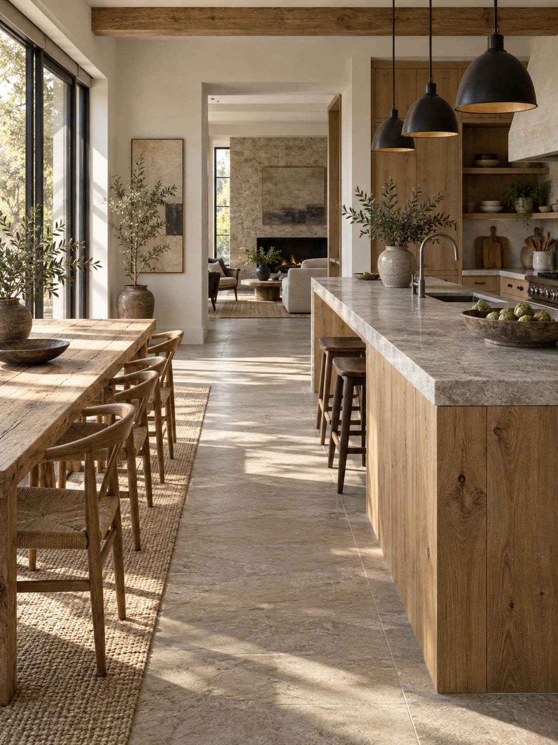 Kitchen dining route Clear walkway between an oak kitchen island and dining table | Sky Rye Design Clear walkway between an oak kitchen island and dining table