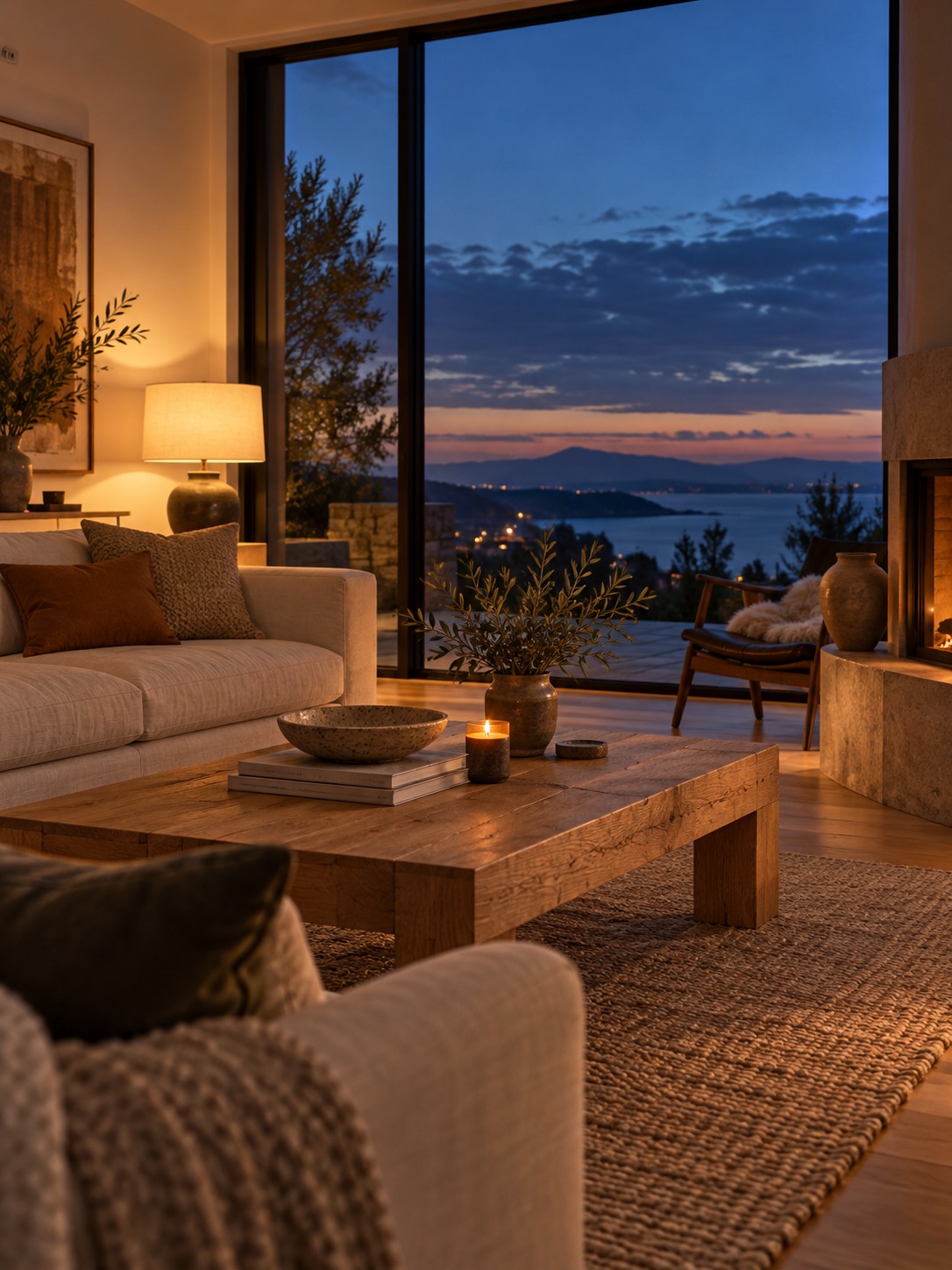 Living room at dusk Warmly lit contemporary living room with a large window overlooking dusk | Sky Rye Design Warmly lit contemporary living room with a large window overlooking dusk