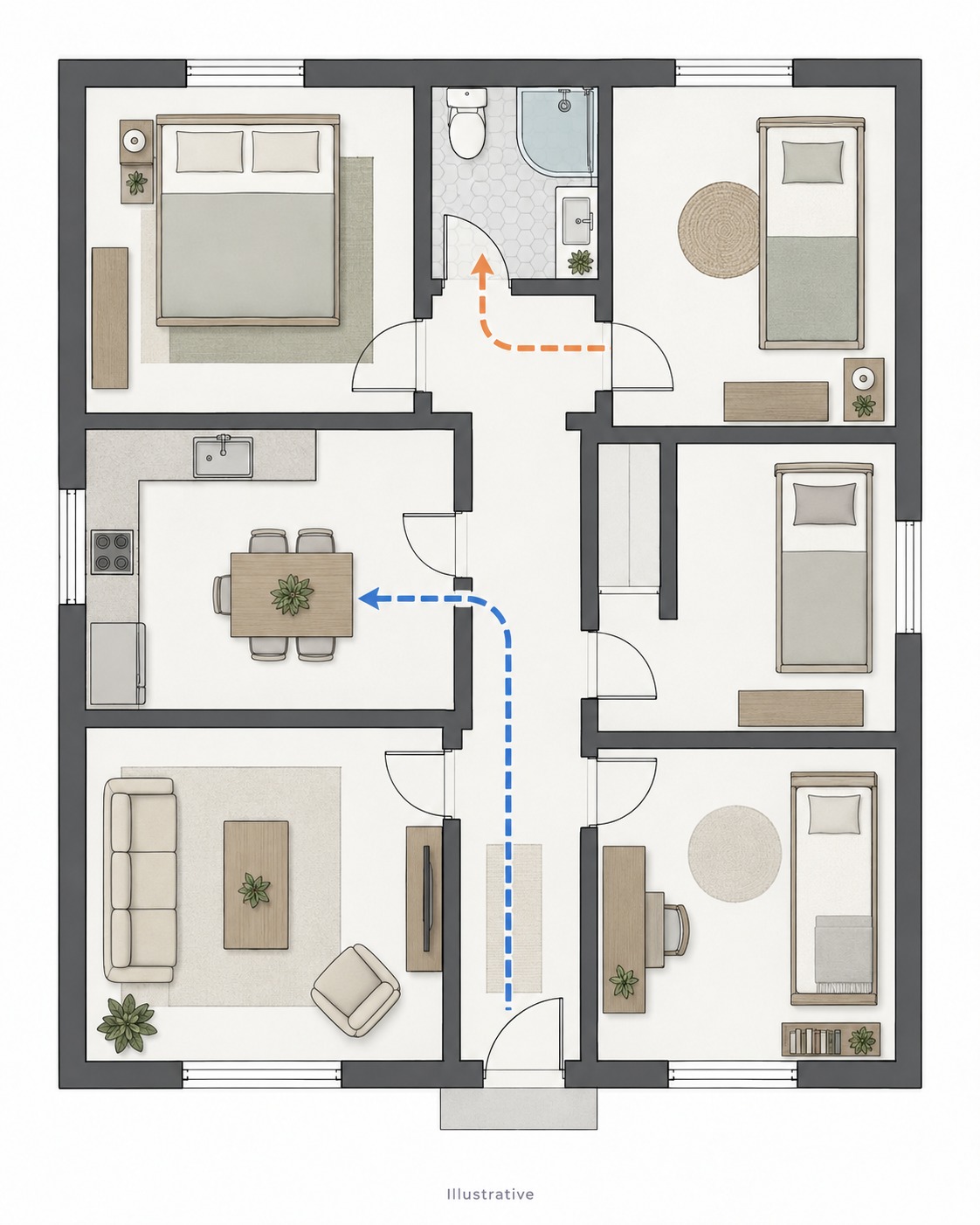 Illustrative remodeled floor plan A Illustrative plan A with a separate study, furniture and circulation routes | Sky Rye Design Illustrative plan A with a separate study, furniture and circulation routes