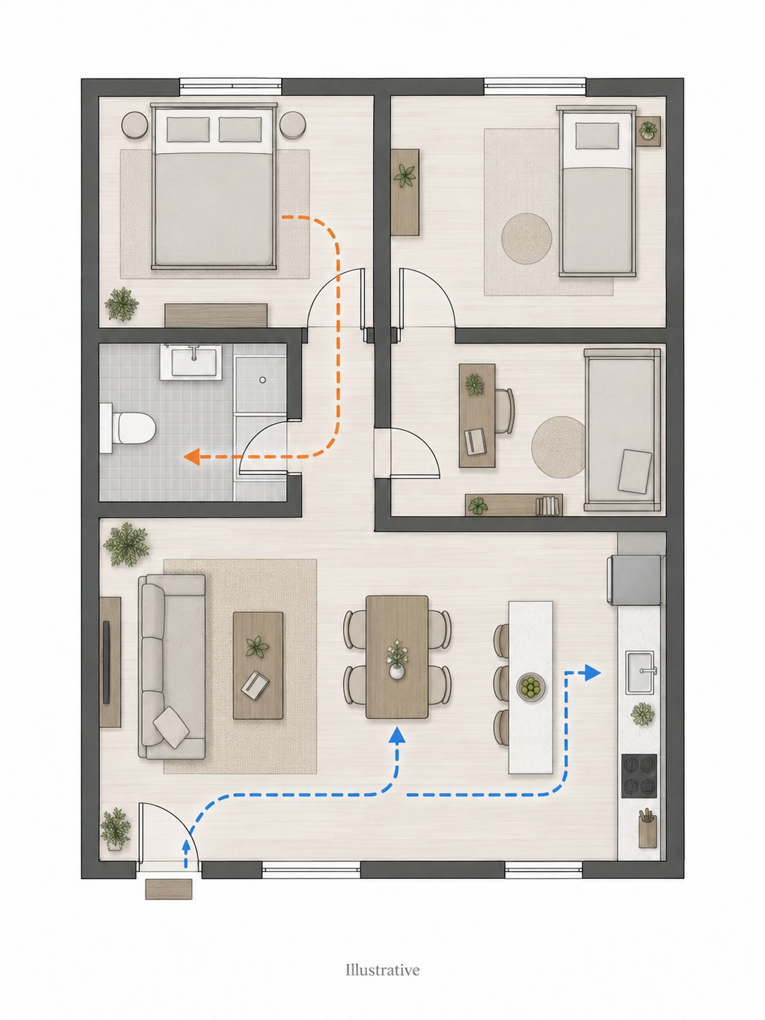 Illustrative alternative floor plan B Illustrative plan B with open living spaces, bedrooms and circulation routes | Sky Rye Design Illustrative plan B with open living spaces, bedrooms and circulation routes