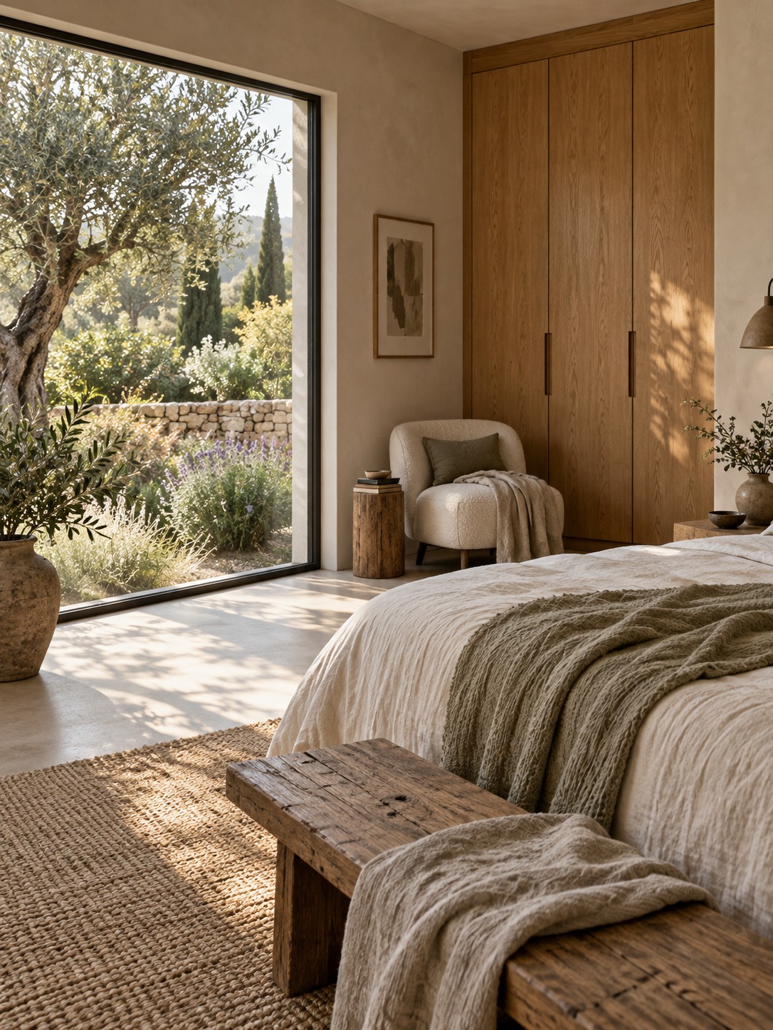 Quiet bedroom Quiet bedroom with linen bedding, oak wardrobes and garden window | Sky Rye Design Quiet bedroom with linen bedding, oak wardrobes and garden window