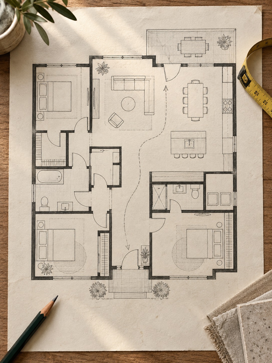 Single level floor plan Single-level floor plan with furniture, door swings and a penciled route | Sky Rye Design Single-level floor plan with furniture, door swings and a penciled route