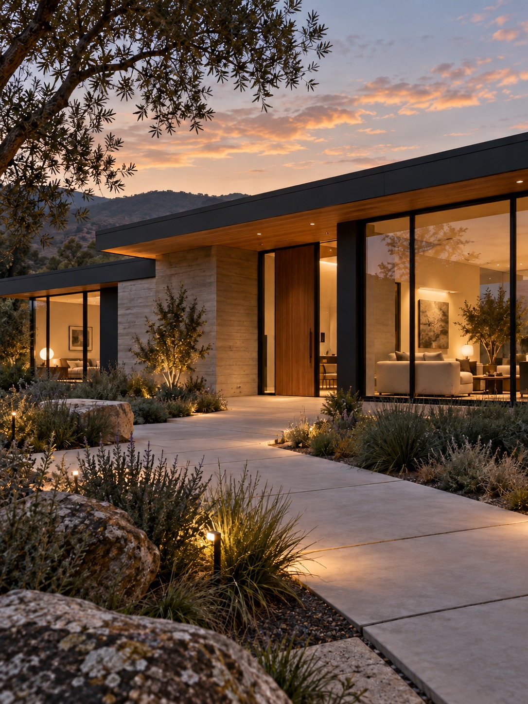 Single level house Contemporary single-level house with a level entrance path at dusk | Sky Rye Design Contemporary single-level house with a level entrance path at dusk