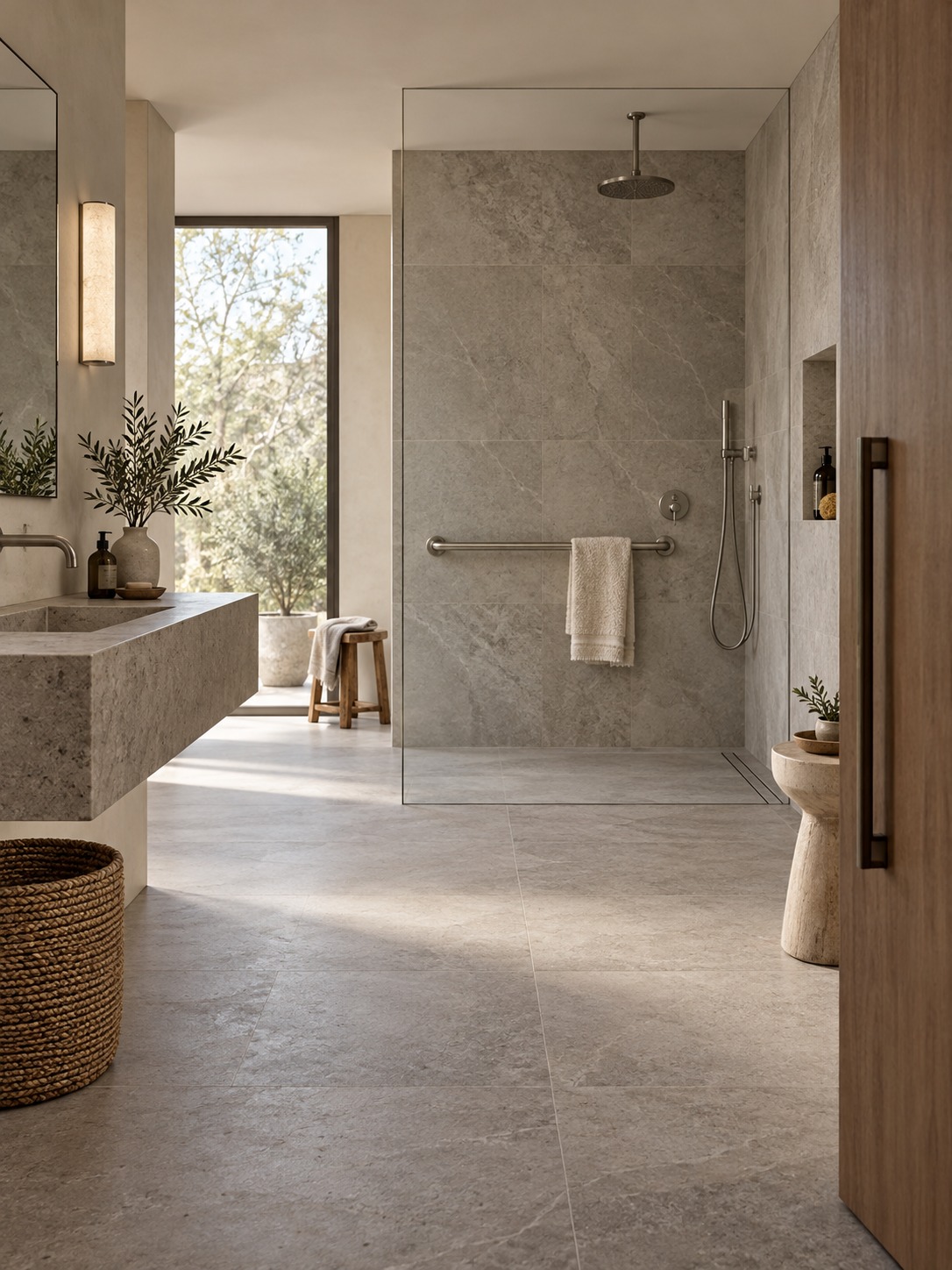 Step free bathroom Step-free bathroom with a walk-in shower and brushed steel grab rail | Sky Rye Design Step-free bathroom with a walk-in shower and brushed steel grab rail
