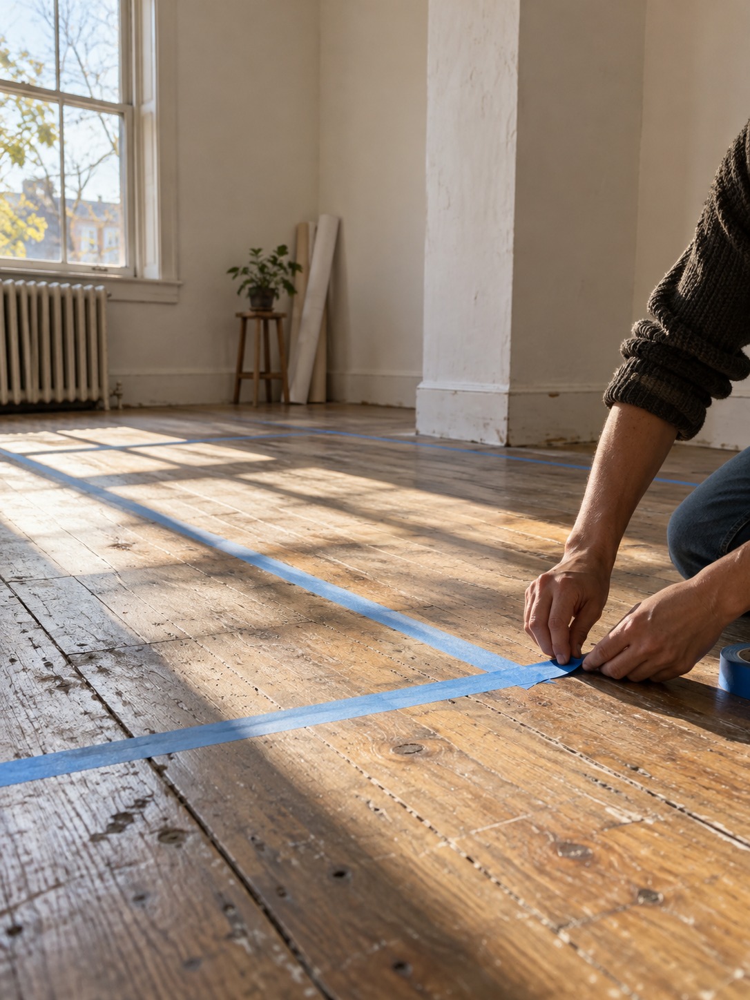 Testing room partition Hands placing tape on a floor to test a possible room partition | Sky Rye Design Hands placing tape on a floor to test a possible room partition