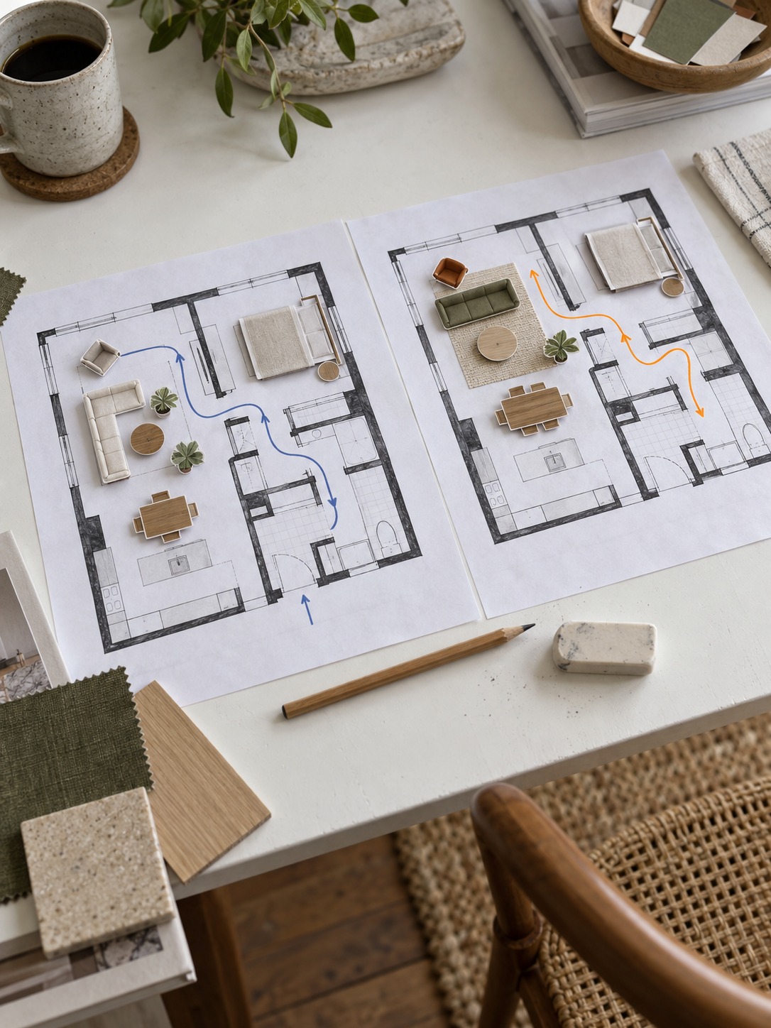 Two floor plans Two floor plans with furniture cutouts and colored circulation routes | Sky Rye Design Two floor plans with furniture cutouts and colored circulation routes