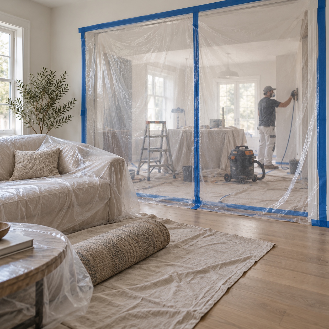 Renovation Dust Protection Zone Plastic sheeting sealing a renovation work zone in a living room | Sky Rye Design Plastic sheeting sealing a renovation work zone in a living room