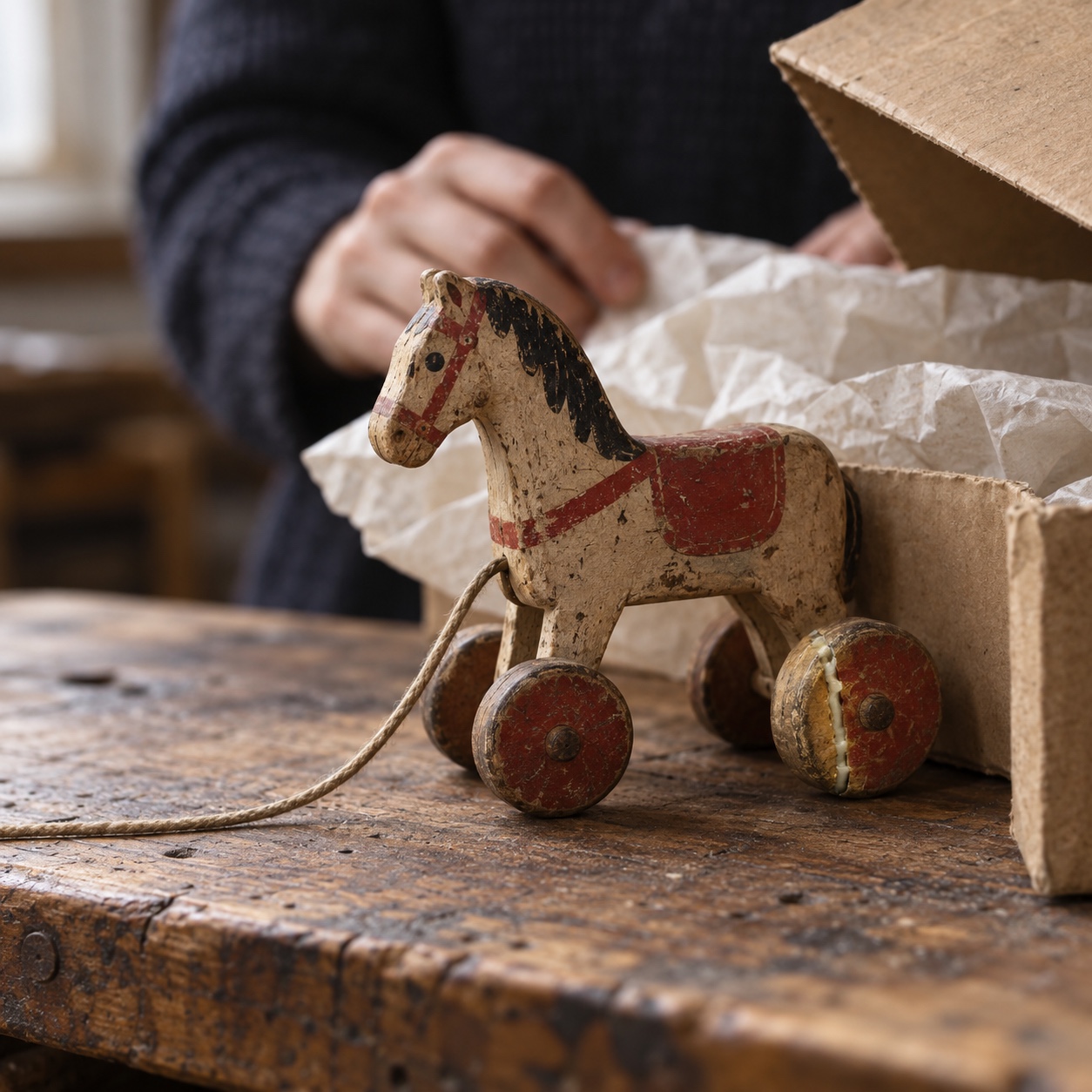 Repaired wooden toy revealed in the package A worn wooden pull-along horse with a repaired wheel inside an opened package | Sky Rye Design A worn wooden pull-along horse with a repaired wheel inside an opened package