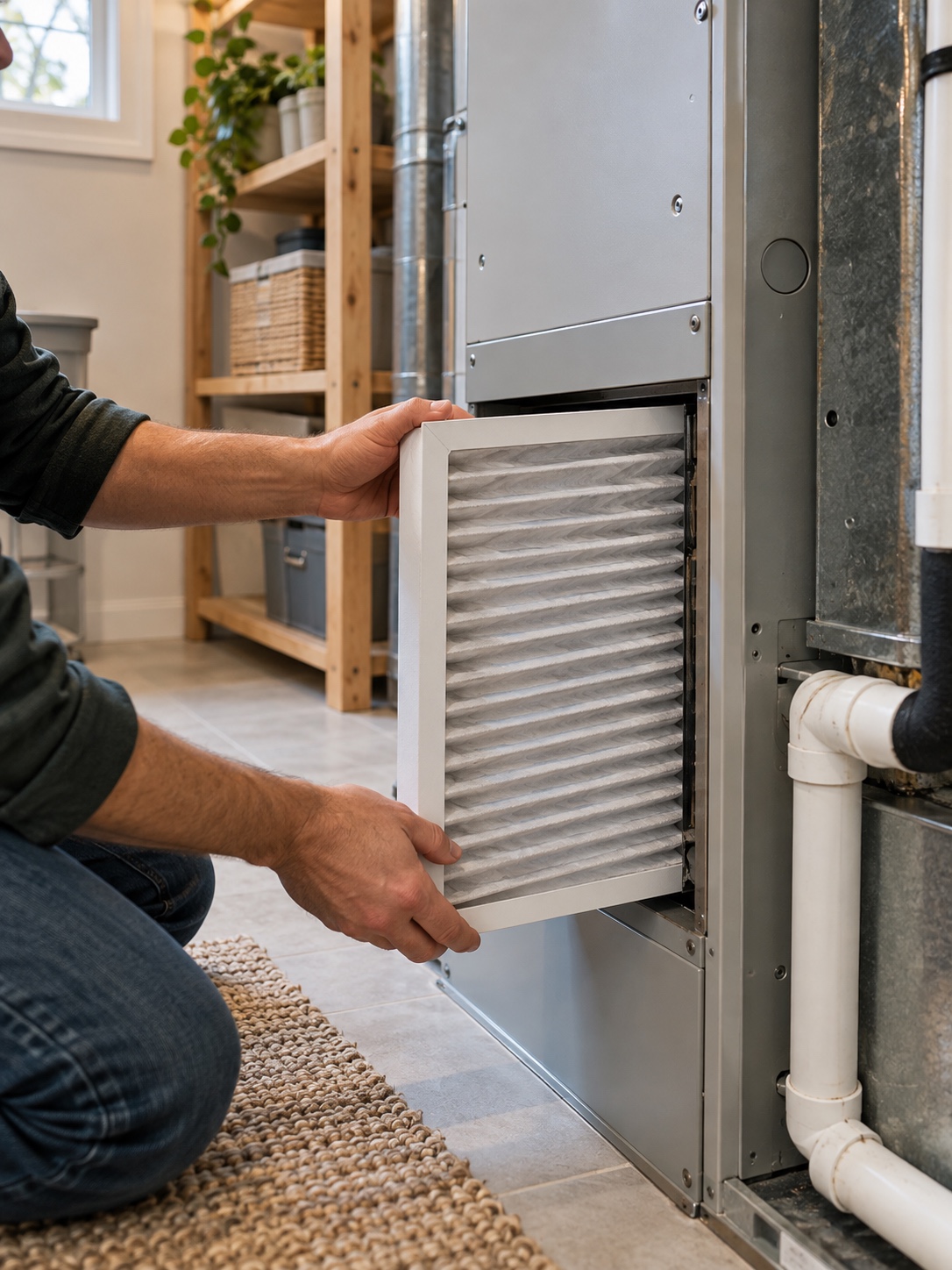 Hands replacing a clean furnace filter in a modern utility space