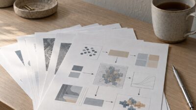 A researcher's desk with printed manuscript pages and an abstract Figure 1 diagram in focus.