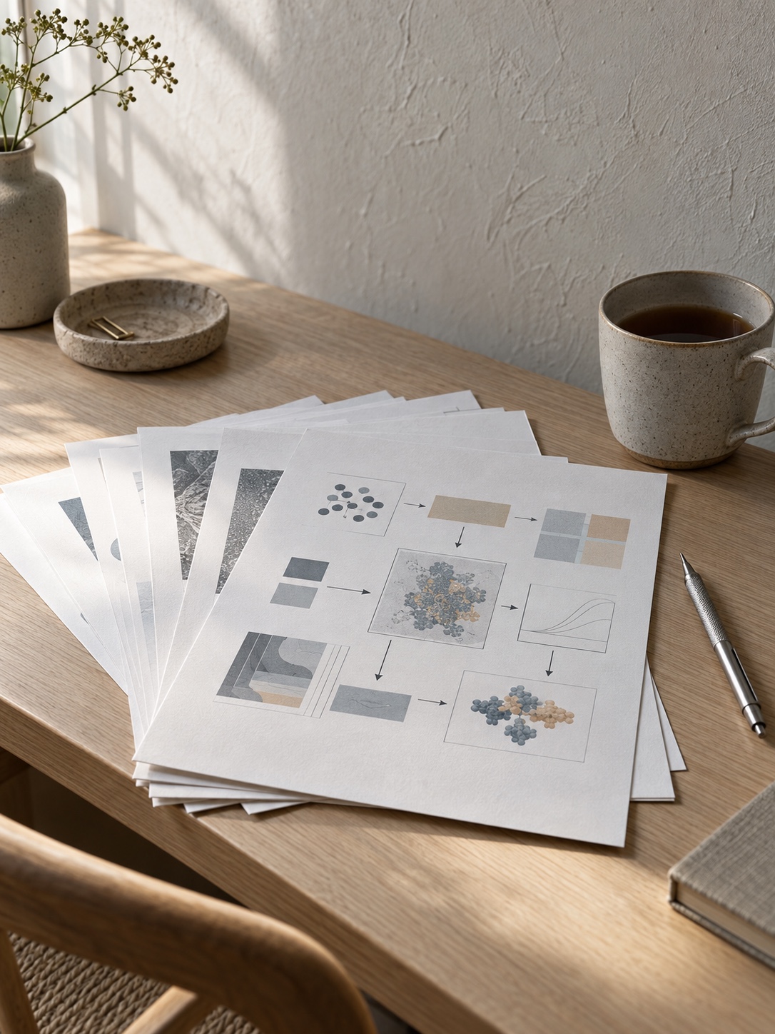 A researcher's desk with printed manuscript pages and an abstract Figure 1 diagram in focus.