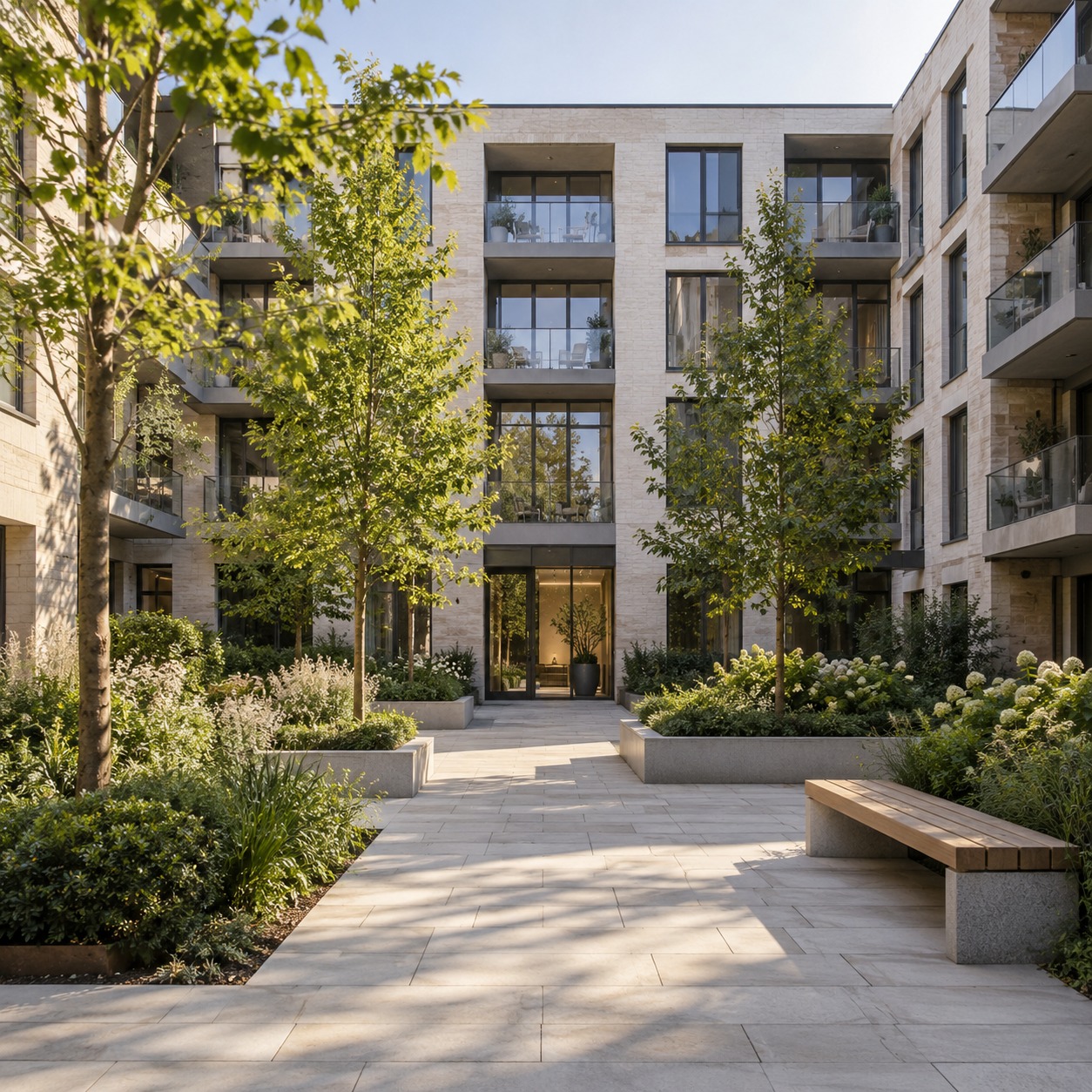 Residential development courtyard Residential courtyard with young trees, pale paving and a bench | Sky Rye Design Residential courtyard with young trees, pale paving and a bench