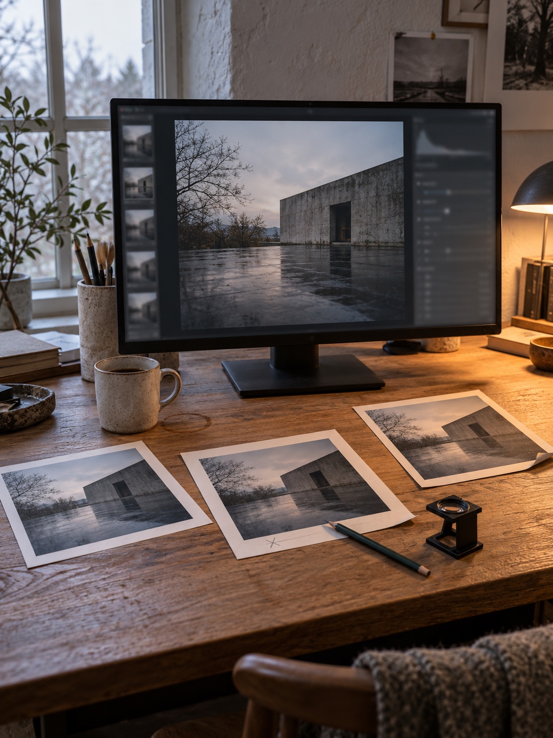 Restrained editing workstation Quiet desk with a monitor showing a muted architectural photograph beside test prints and a graphite pencil | Sky Rye Design Quiet desk with a monitor showing a muted architectural photograph beside test prints and a graphite pencil