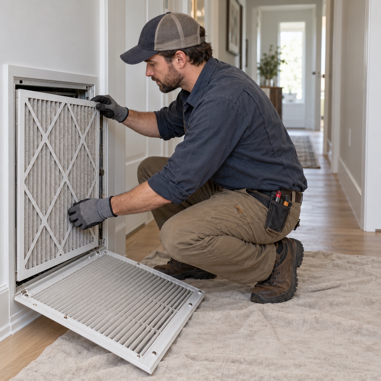 Return Grille and Filter Inspection HVAC technician checking an open return grille and pleated filter | Sky Rye Design HVAC technician checking an open return grille and pleated filter