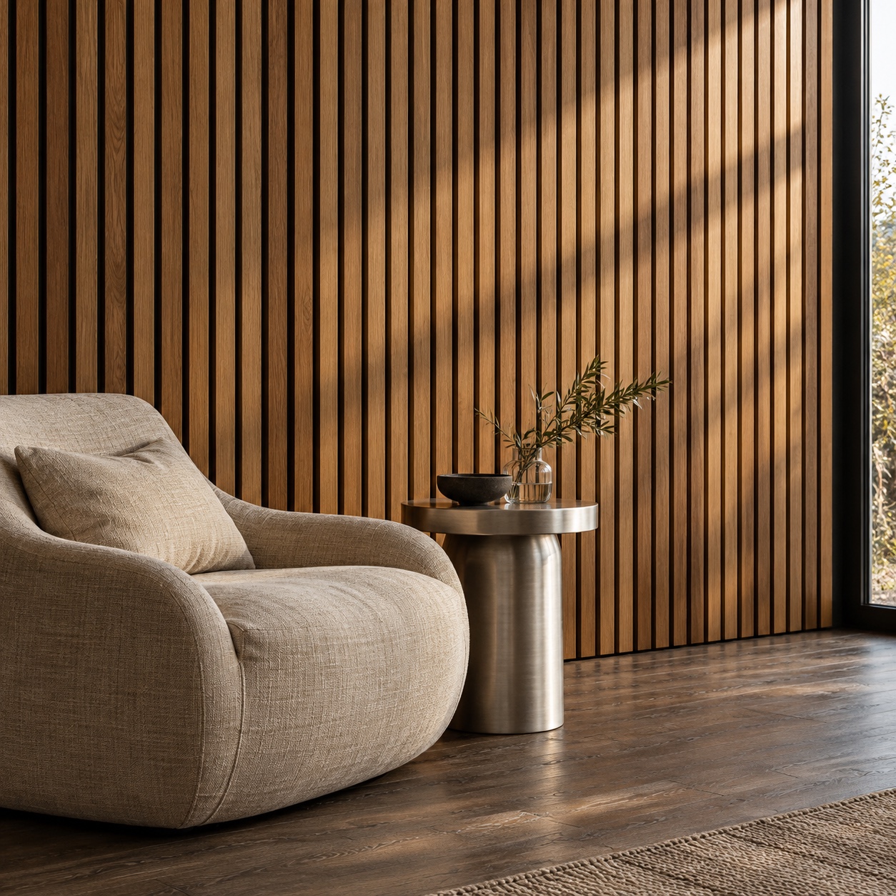 Vertical ribbed oak acoustic panels with a linen lounge chair and brushed metal side table