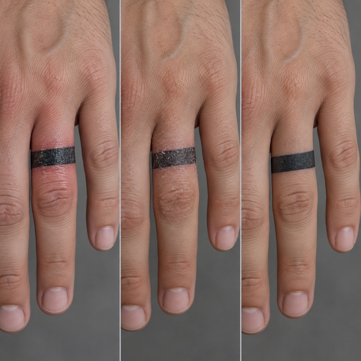 Three clean close-ups showing fresh, flaking and healed stages of a ring tattoo