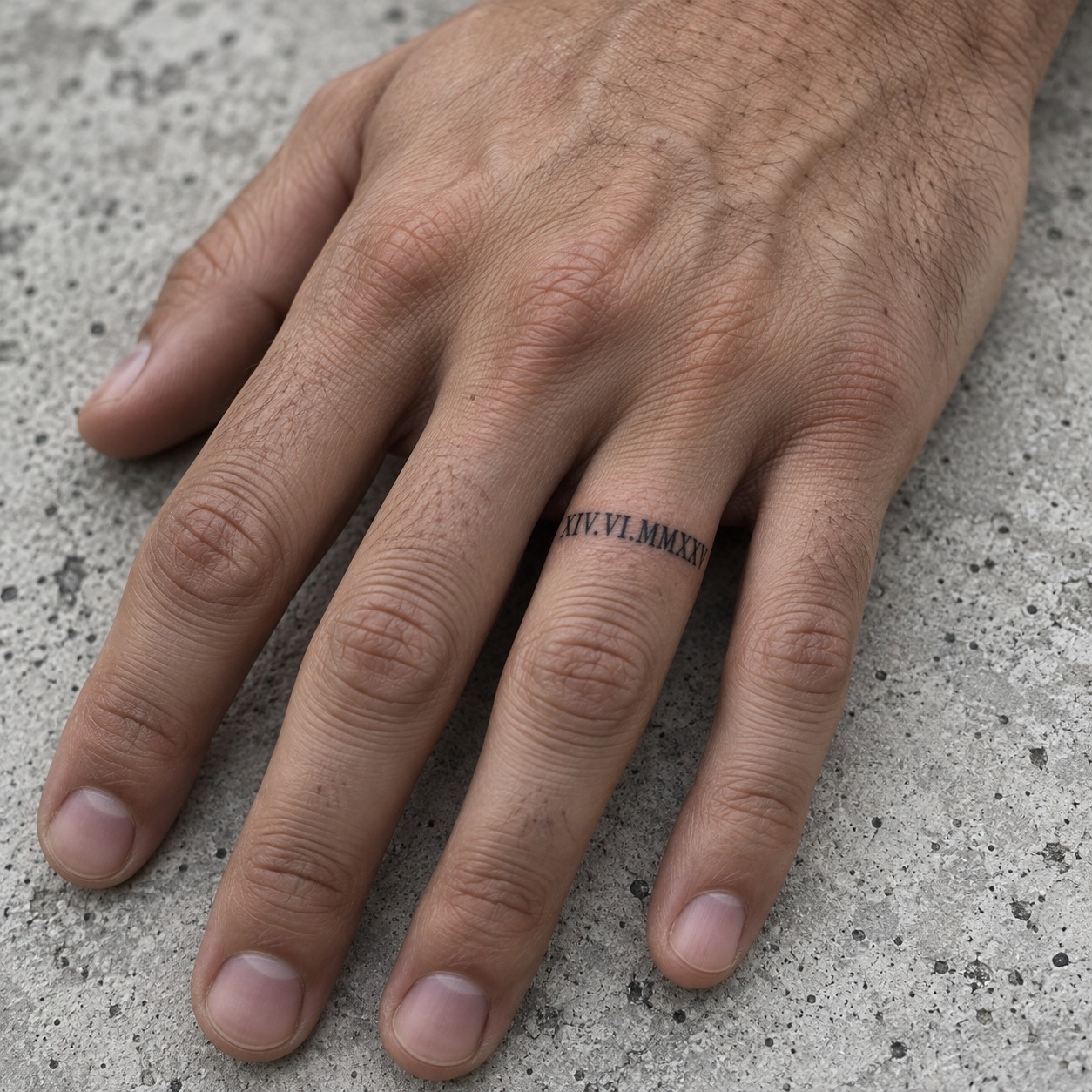 Ring finger tattooed with the wedding date XIV.VI.MMXXV in Roman numerals