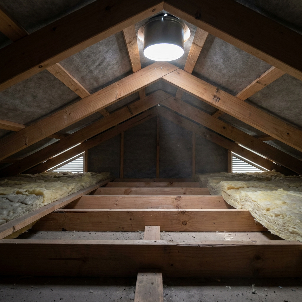 Timber-framed roof cavity with light entering at the eaves and a small opening near the ridge