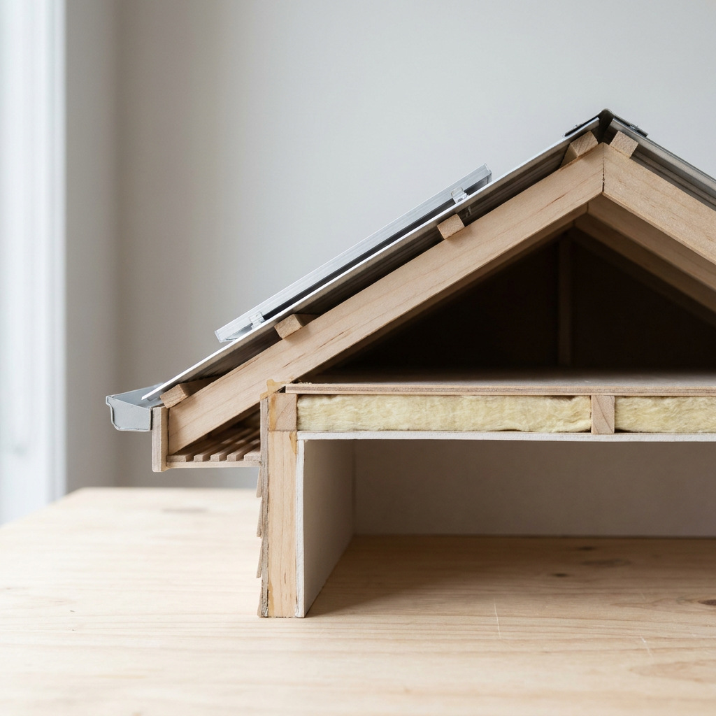 Physical cutaway model of a pitched roof showing rafters, ceiling insulation and a small ventilator near the ridge