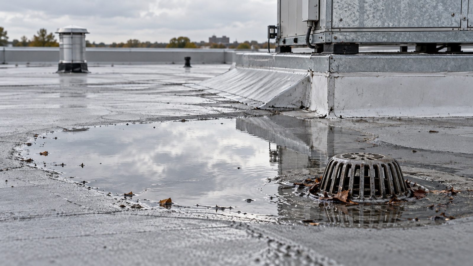 Drainage and ponding-risk detail Shallow standing water near a roof drain and tapered cricket on a low-slope commercial roof after rain | Sky Rye Design Shallow standing water near a roof drain and tapered cricket on a low-slope commercial roof after rain