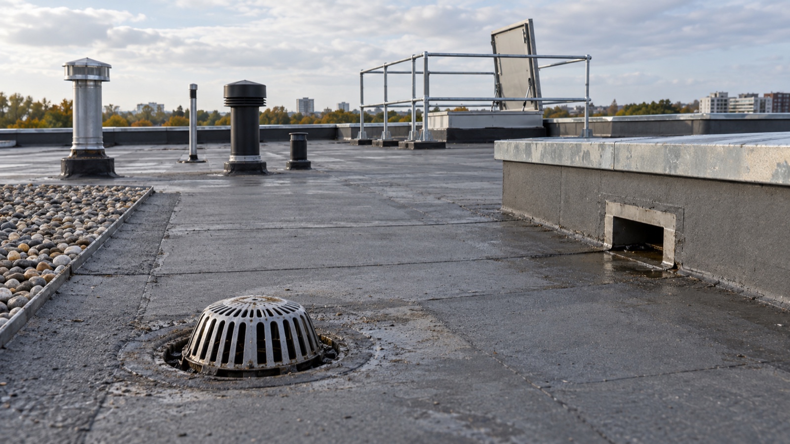 Drains penetrations edges and access points Low-slope commercial roof showing a drain, an overflow scupper, pipe penetrations with flashing collars, a parapet edge and a guarded roof hatch | Sky Rye Design Low-slope commercial roof showing a drain, an overflow scupper, pipe penetrations with flashing collars, a parapet edge and a guarded roof hatch