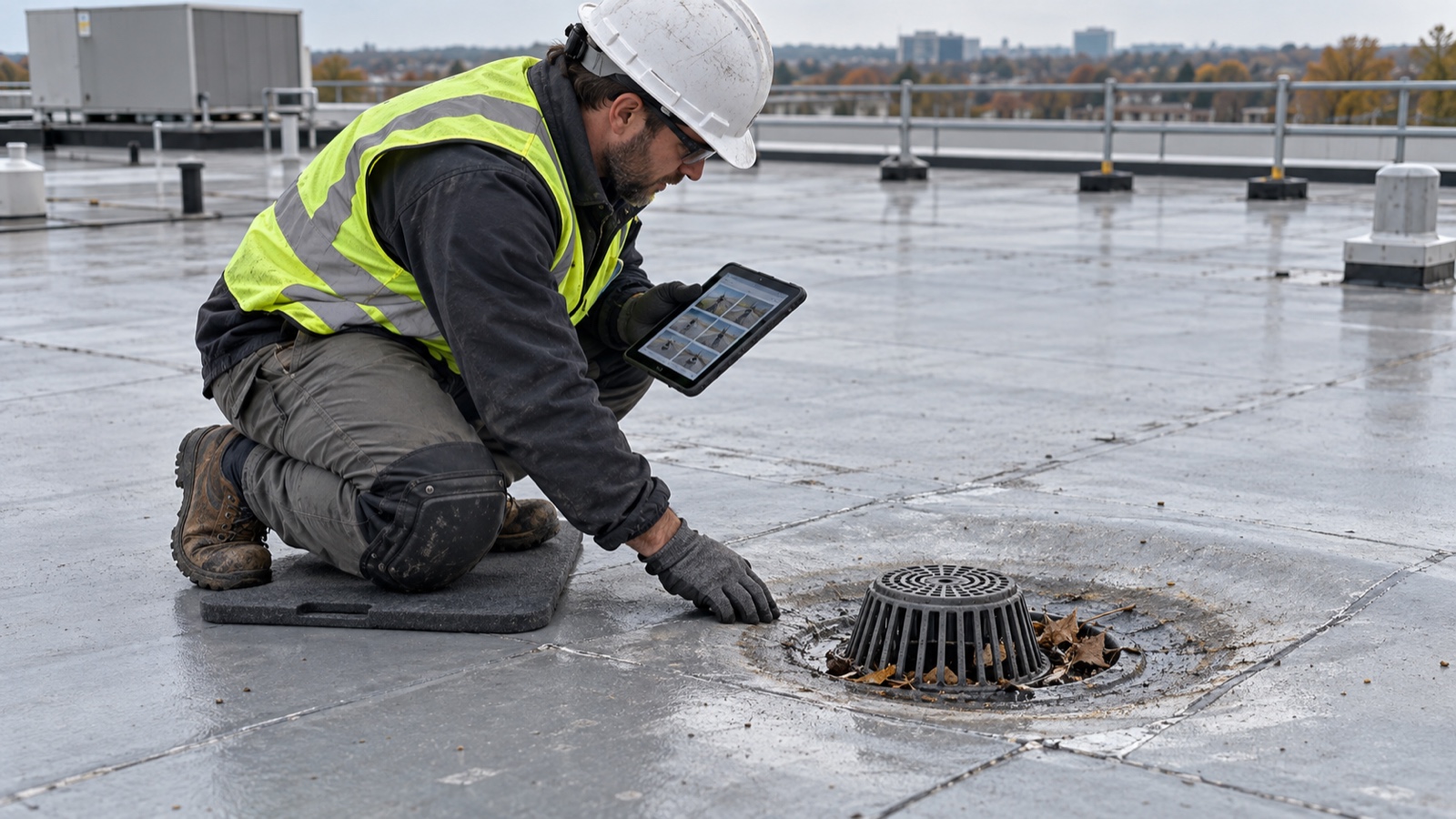 Inspecting the membrane around a drain Roof inspector kneeling beside a drain to examine the surrounding membrane while photographing conditions with a tablet | Sky Rye Design Roof inspector kneeling beside a drain to examine the surrounding membrane while photographing conditions with a tablet
