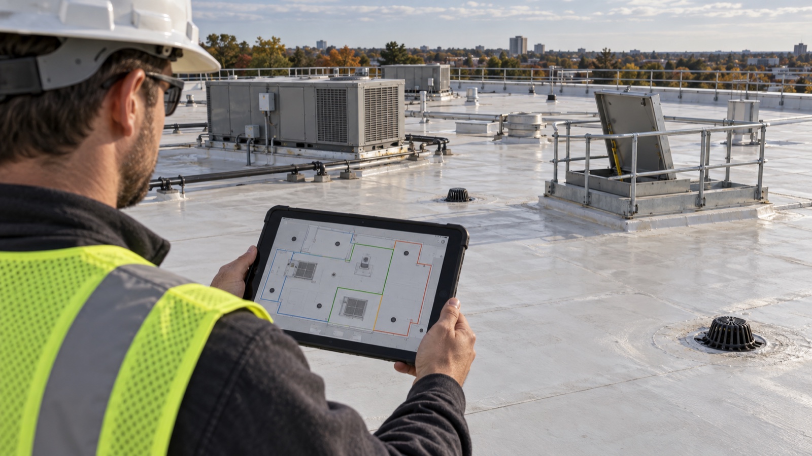 Mapping the roof plan against real conditions Facility professional holding a tablet showing a marked-up roof plan diagram while standing on the same commercial roof it depicts | Sky Rye Design Facility professional holding a tablet showing a marked-up roof plan diagram while standing on the same commercial roof it depicts