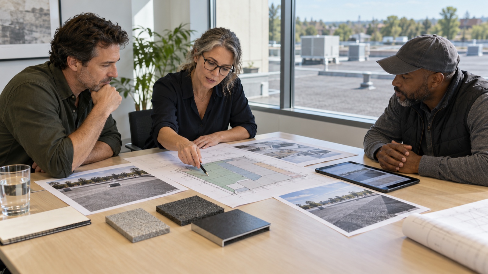 Deciding between repair restoration and replacement Owner, architect and roofing professional reviewing roof photos and plan drawings at a meeting table to decide on the next step | Sky Rye Design Owner, architect and roofing professional reviewing roof photos and plan drawings at a meeting table to decide on the next step