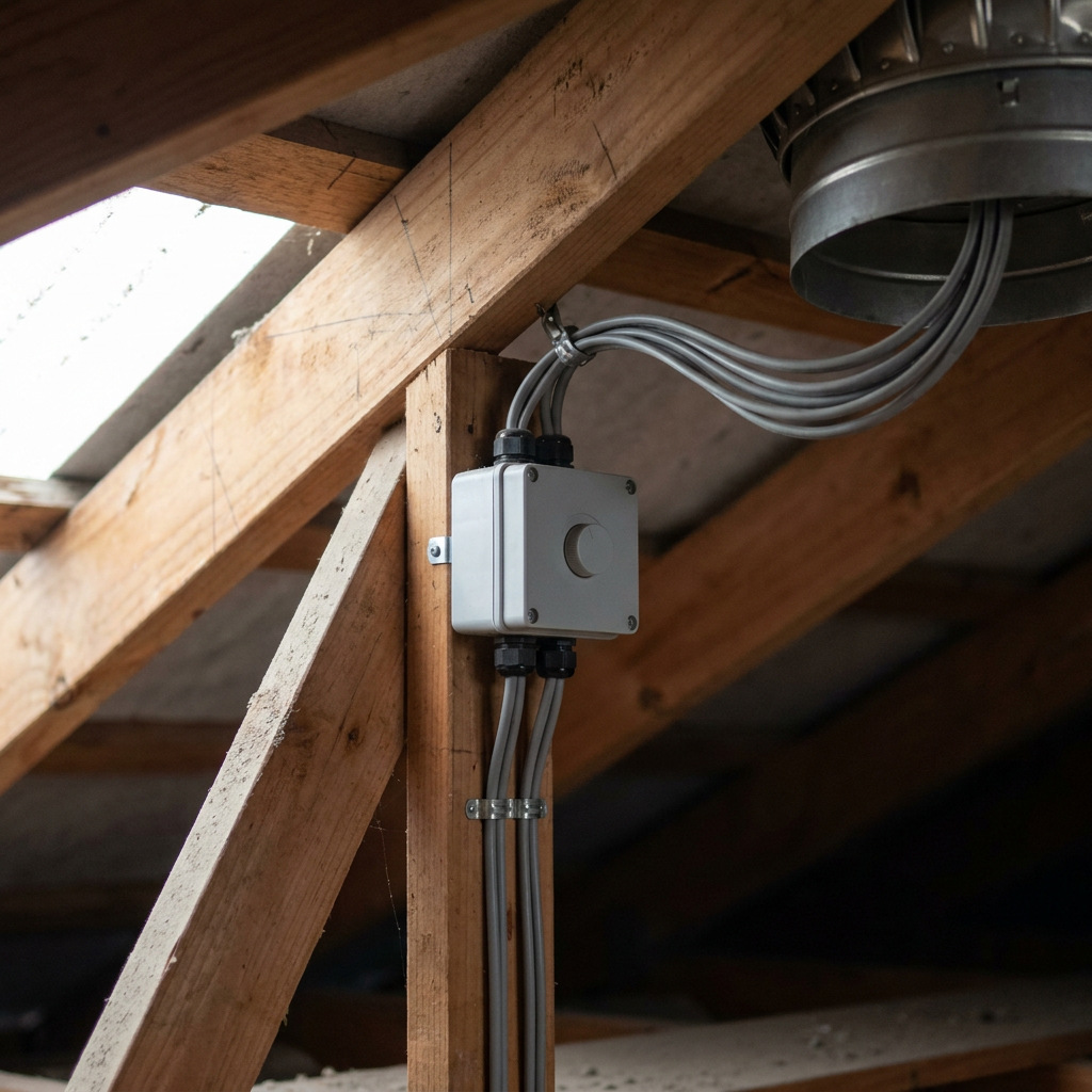 Plain control box with a dial and tidy wiring mounted to a rafter in a roof cavity