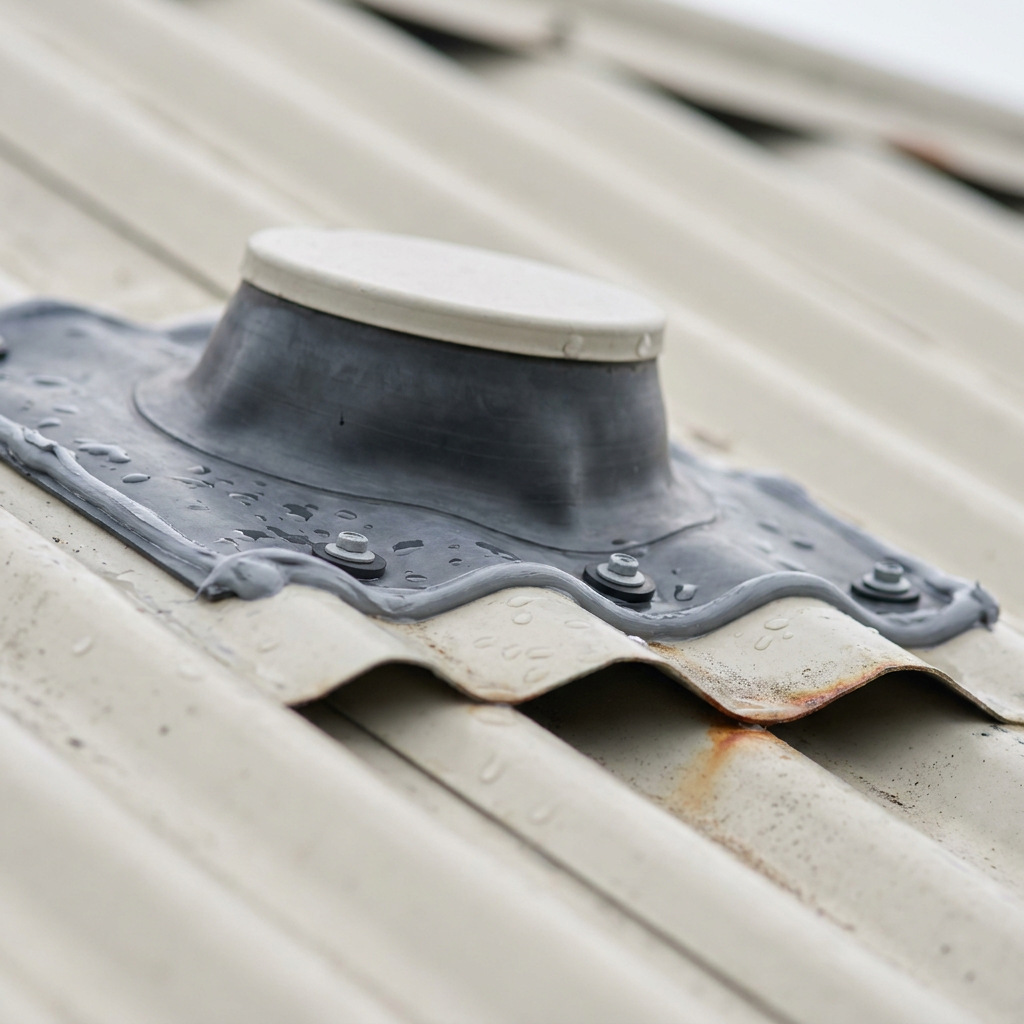 Roof ventilator base with dressed flashing shedding water across corrugated metal roofing