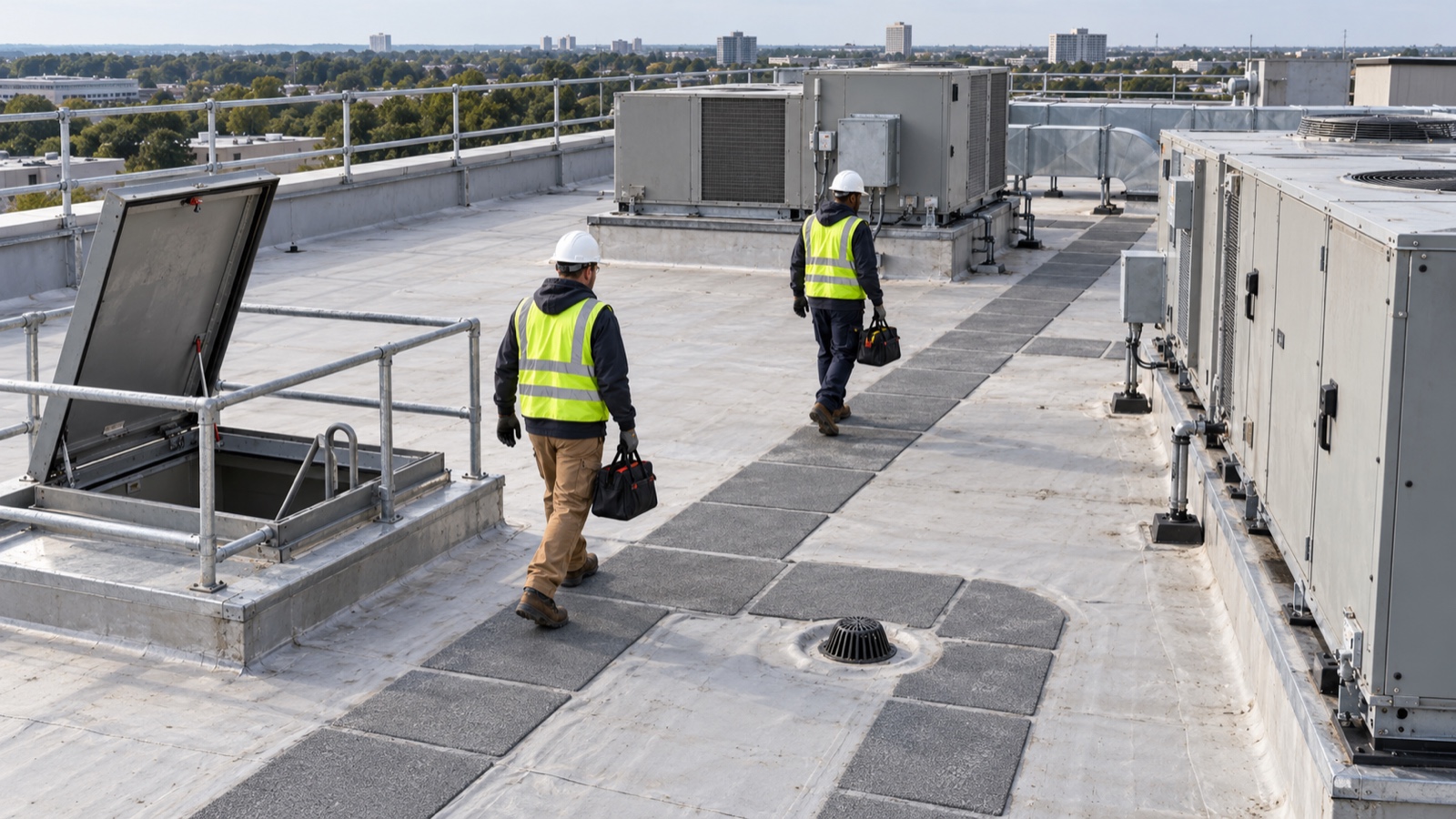 A controlled access route across the membrane Defined walkway of protective pads leading from a roof hatch to rooftop equipment across a pale commercial roof membrane | Sky Rye Design Defined walkway of protective pads leading from a roof hatch to rooftop equipment across a pale commercial roof membrane